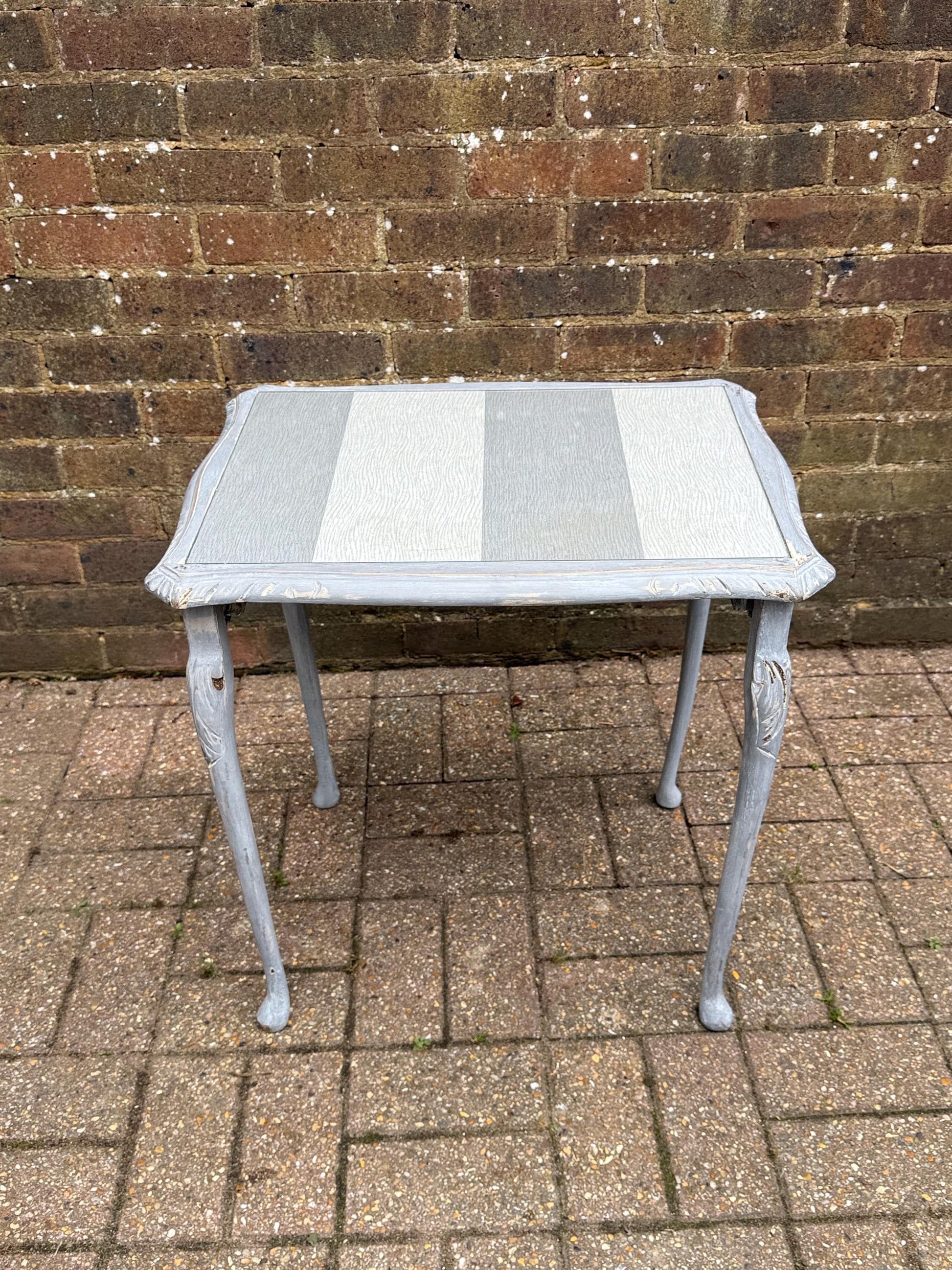 Upcycled vintage side table in shabby chic grey finish, glass top and changeable insert paper; refurbished side table, vintage coffee table