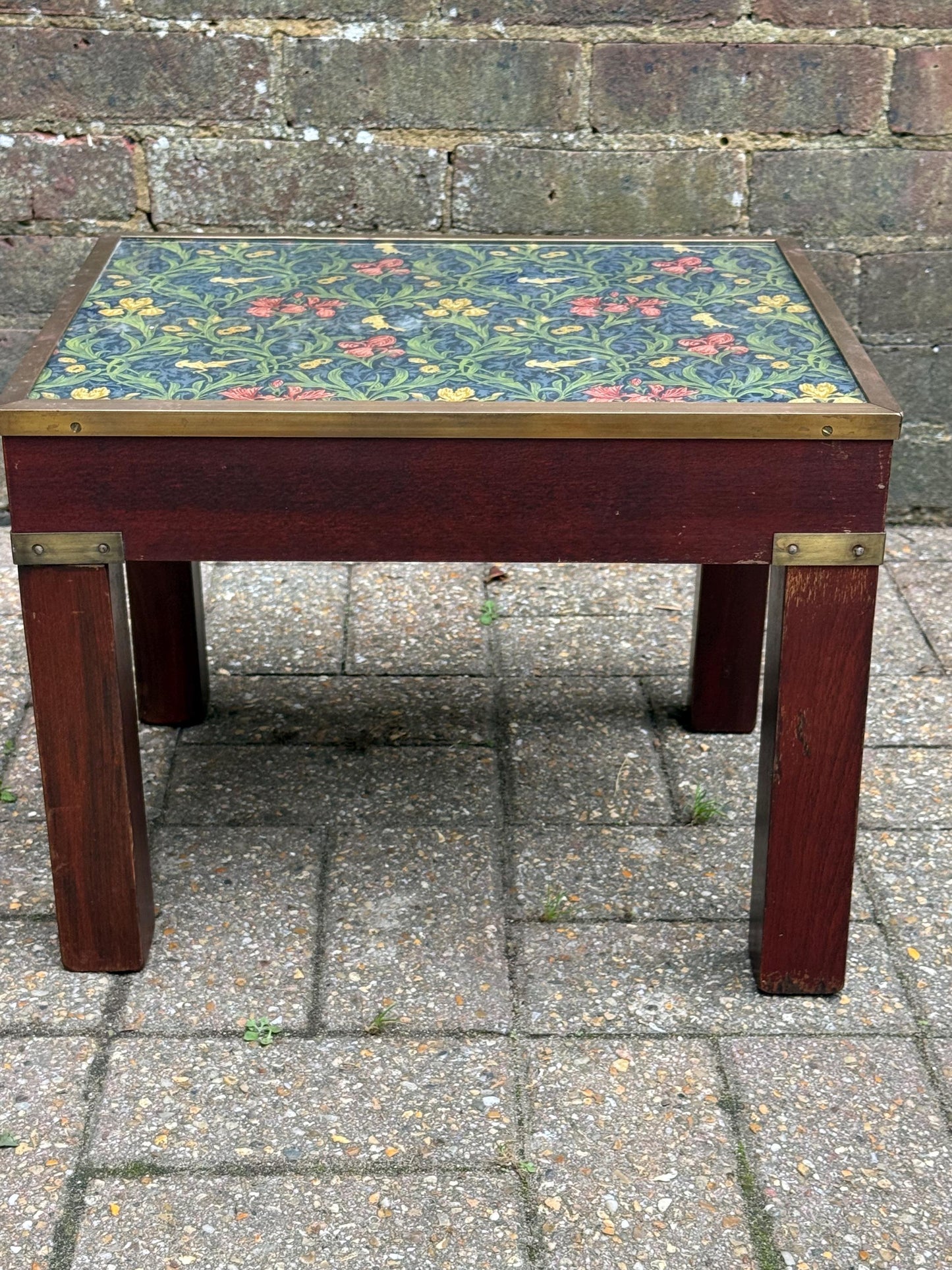 Vintage Hardwood & Brass Side Table with William Morris Floral Under Glass – Retro Accent Table or Plant Stand / Plant Table
