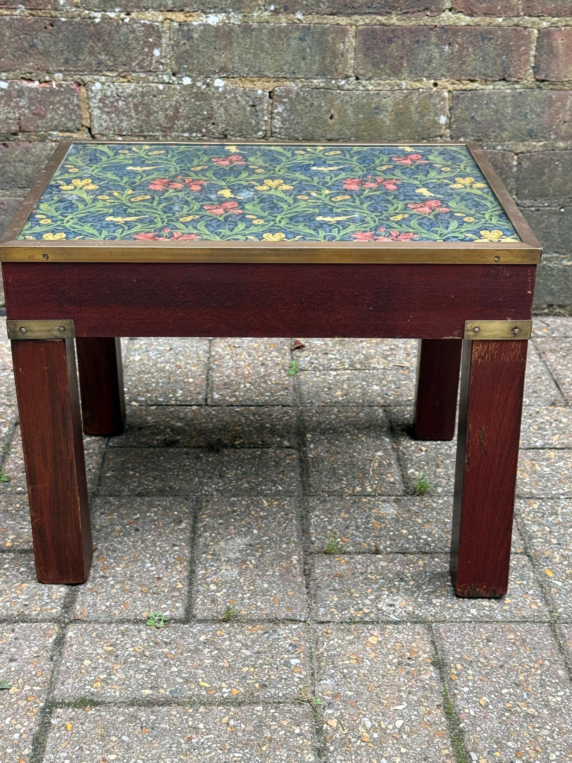 Vintage Hardwood & Brass Side Table with William Morris Floral Under Glass – Retro Accent Table or Plant Stand / Plant Table