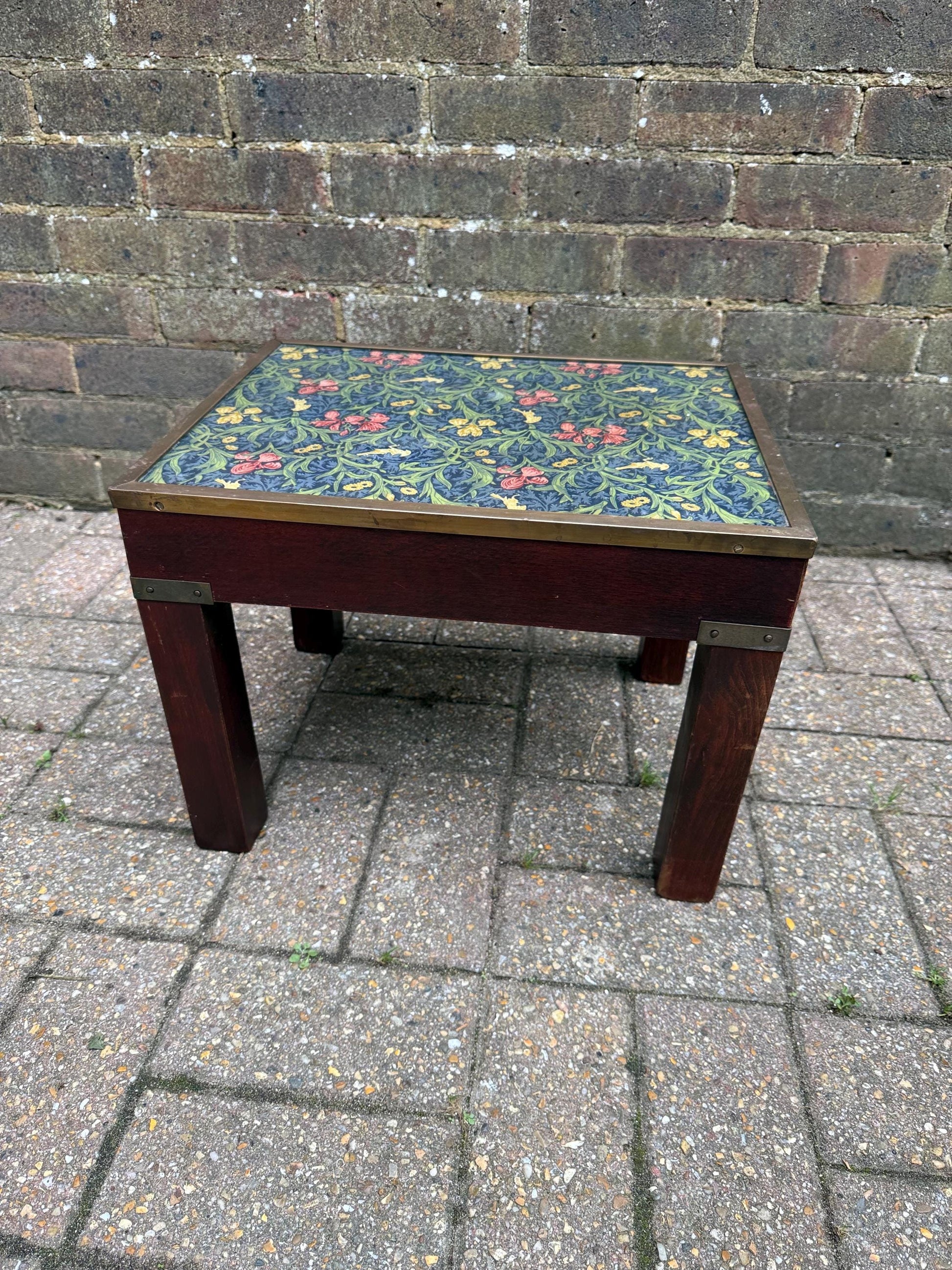 Vintage Hardwood & Brass Side Table with William Morris Floral Under Glass – Retro Accent Table or Plant Stand / Plant Table