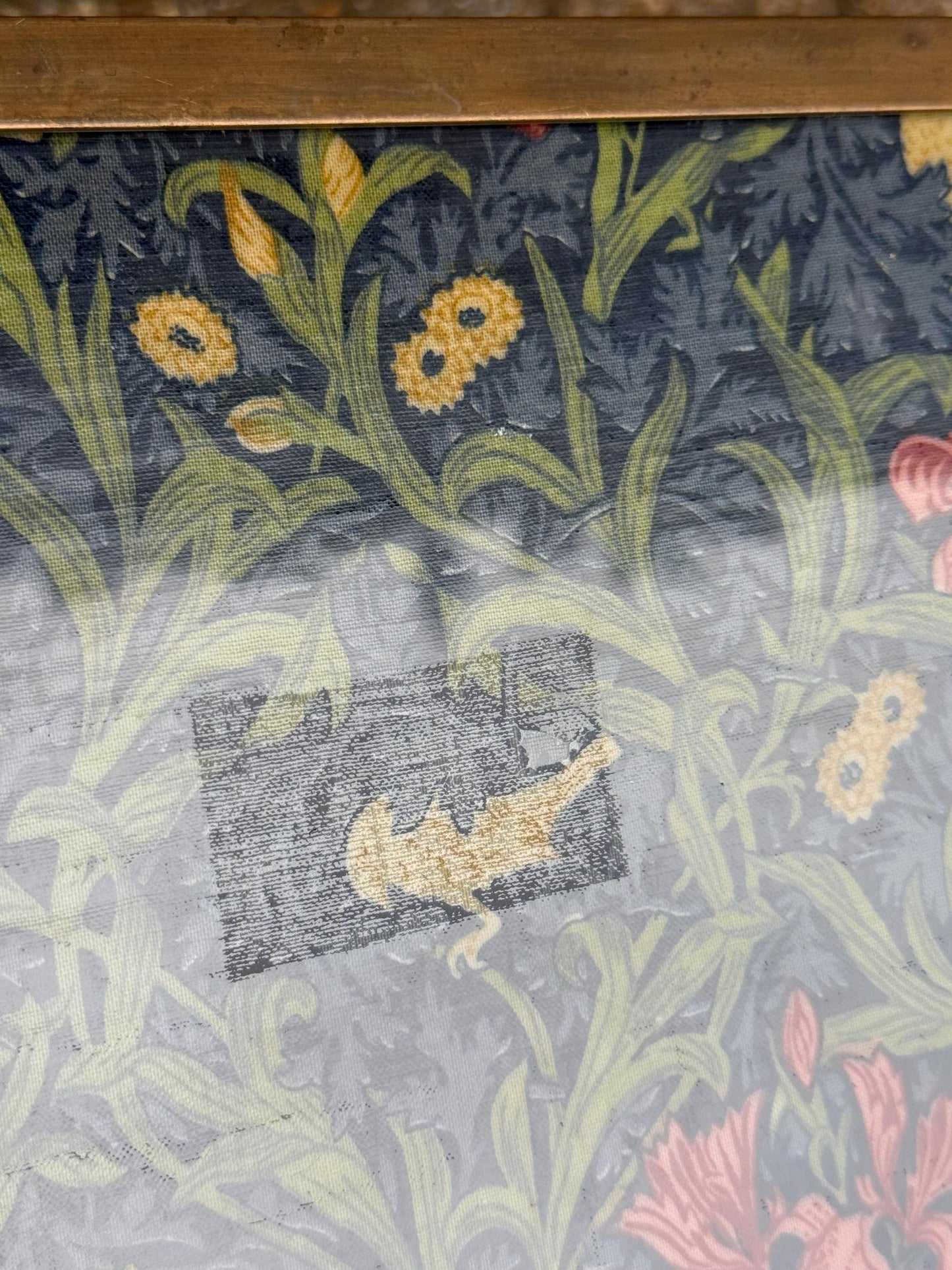 Vintage Hardwood & Brass Side Table with William Morris Floral Under Glass – Retro Accent Table or Plant Stand / Plant Table