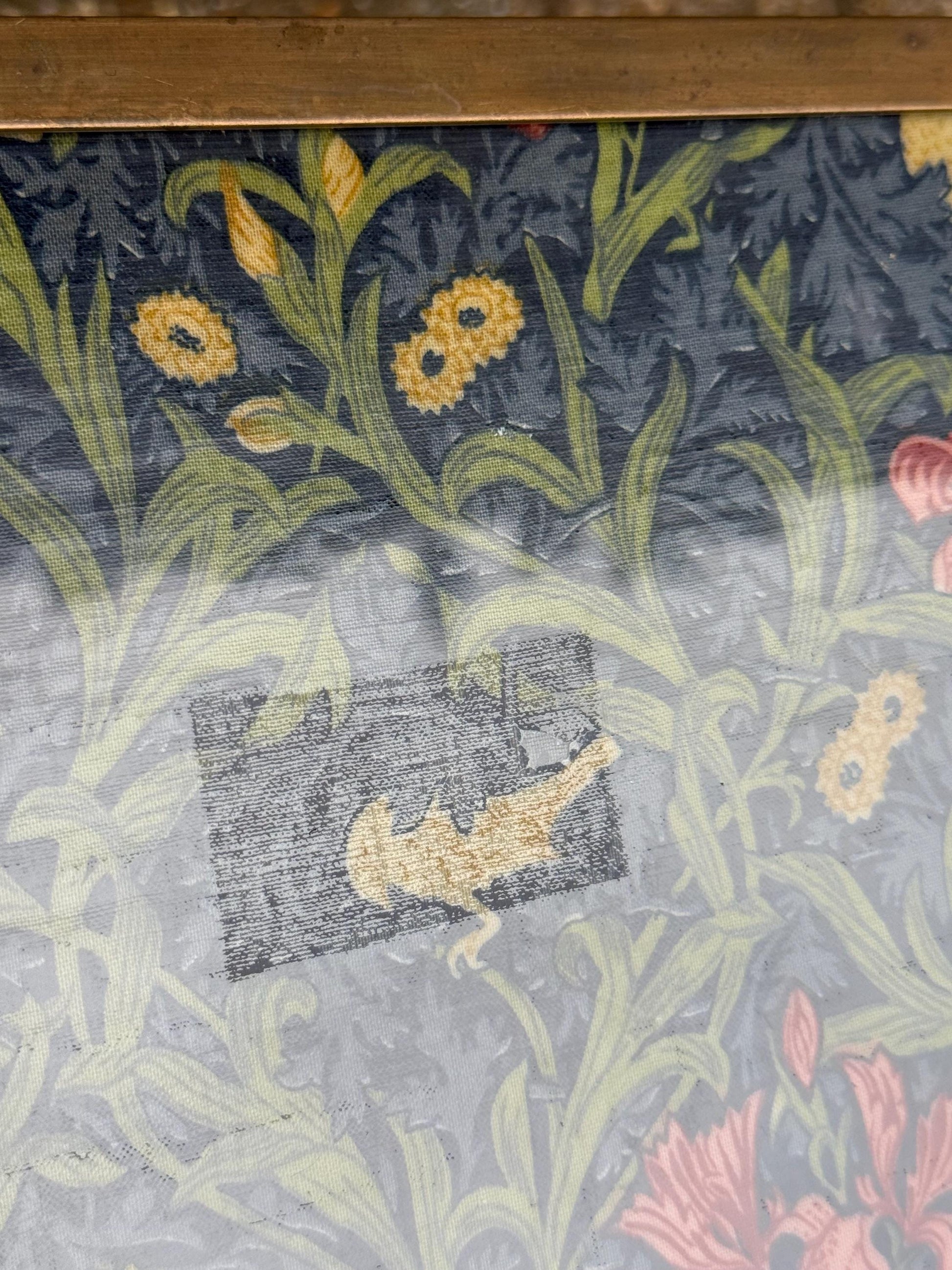 Vintage Hardwood & Brass Side Table with William Morris Floral Under Glass – Retro Accent Table or Plant Stand / Plant Table