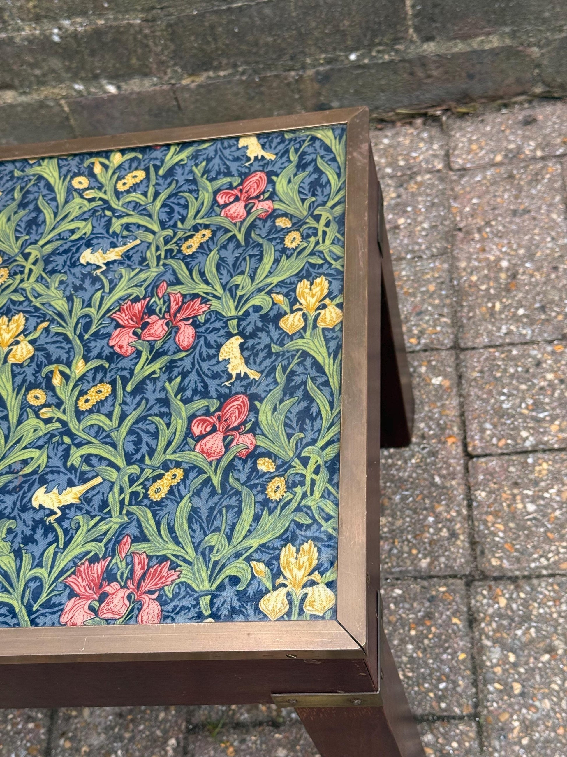 Vintage Hardwood & Brass Side Table with William Morris Floral Under Glass – Retro Accent Table or Plant Stand / Plant Table