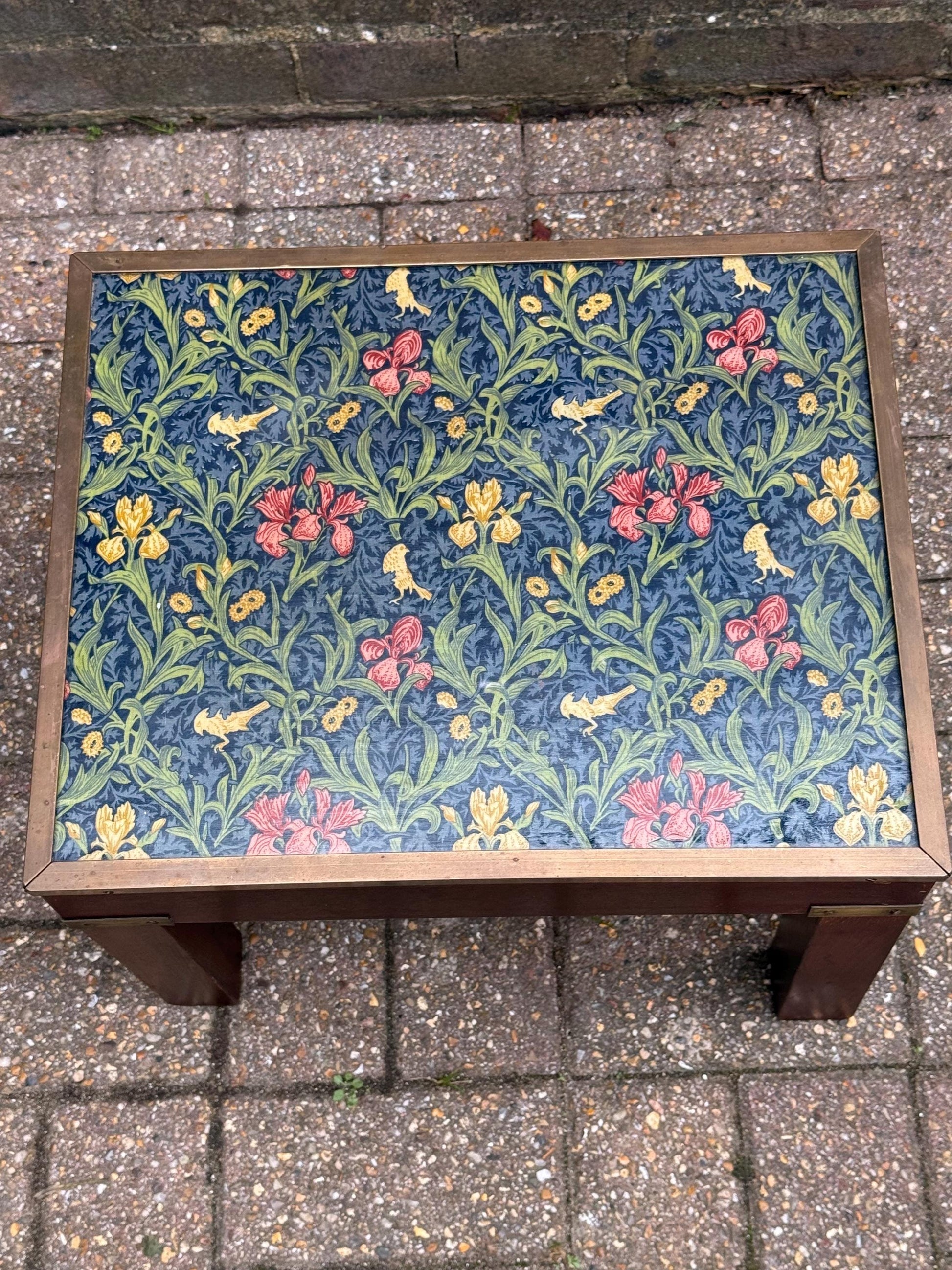 Vintage Hardwood & Brass Side Table with William Morris Floral Under Glass – Retro Accent Table or Plant Stand / Plant Table