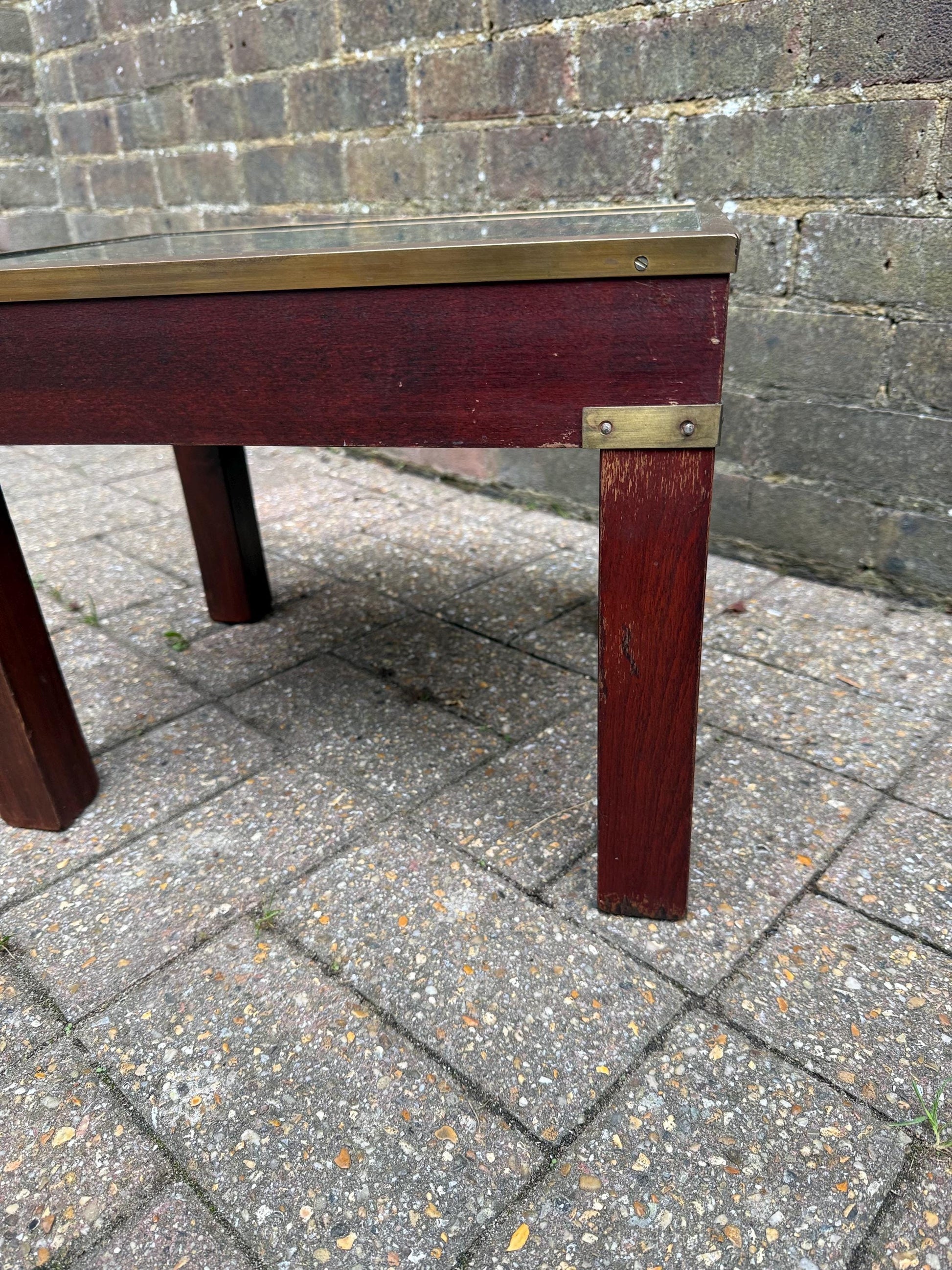 Vintage Hardwood & Brass Side Table with William Morris Floral Under Glass – Retro Accent Table or Plant Stand / Plant Table