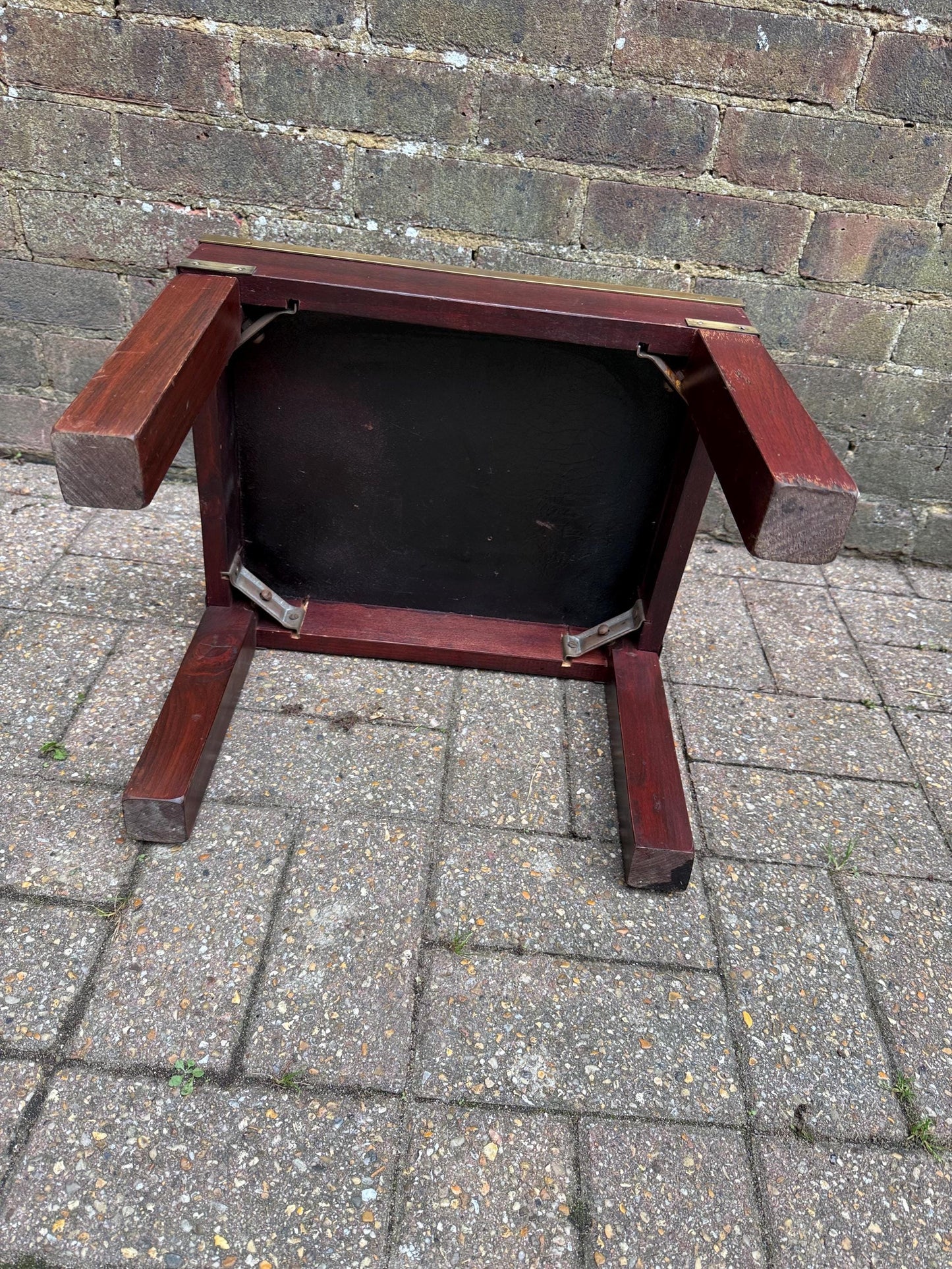 Vintage Hardwood & Brass Side Table with William Morris Floral Under Glass – Retro Accent Table or Plant Stand / Plant Table