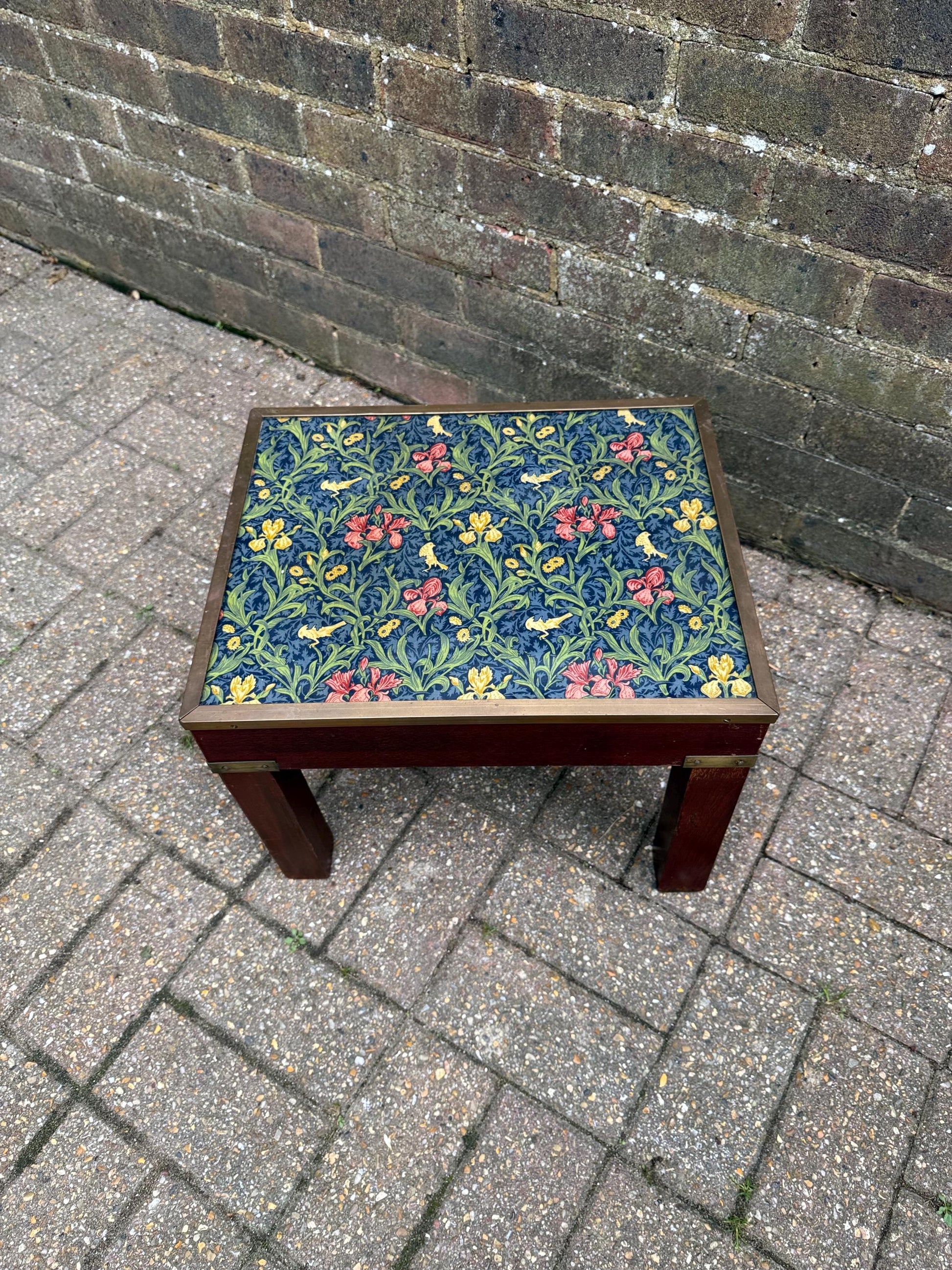 Vintage Hardwood & Brass Side Table with William Morris Floral Under Glass – Retro Accent Table or Plant Stand / Plant Table