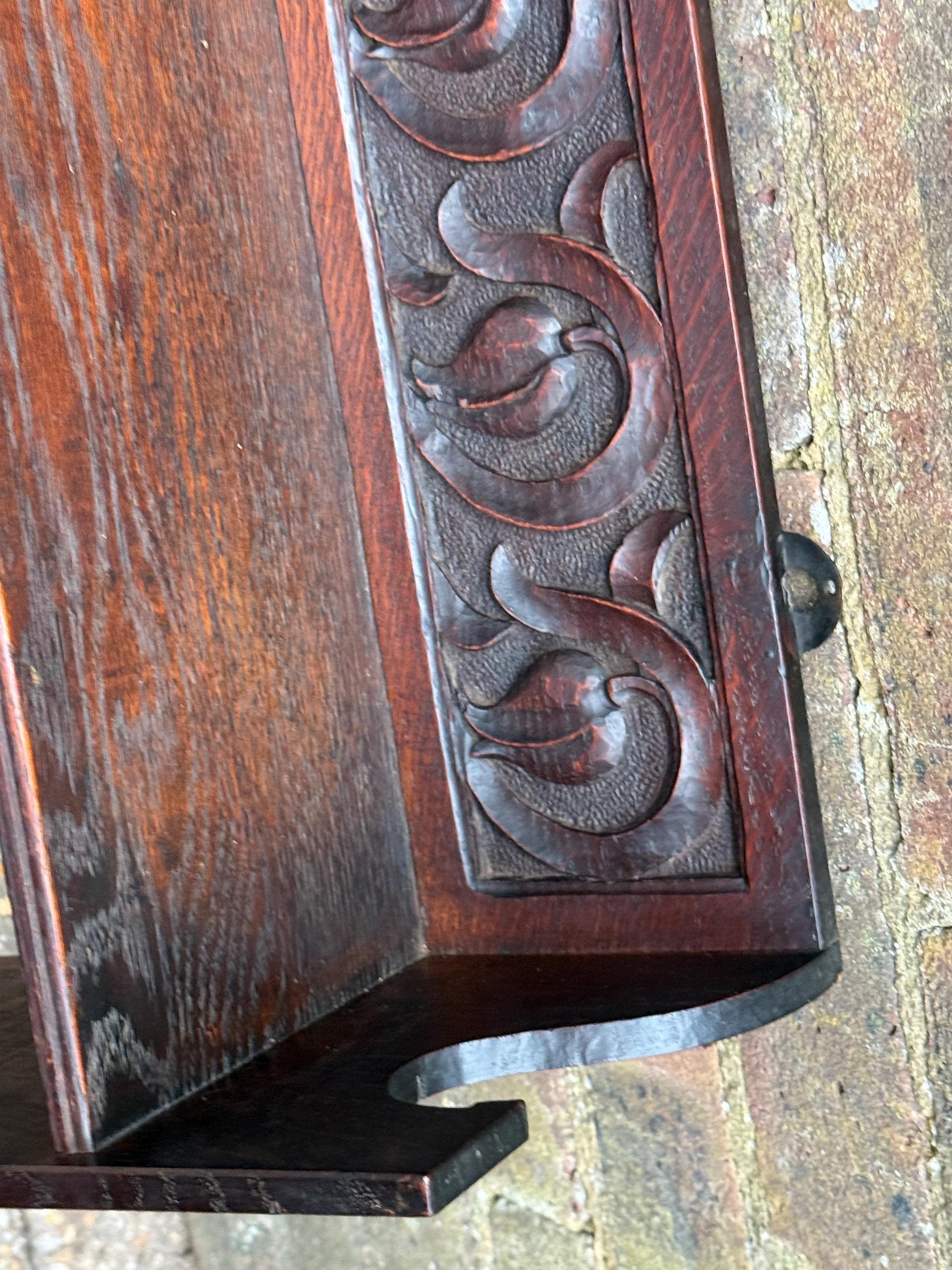 Antique Arts & Crafts Oak Wall Shelf with Hand-Carved Tulip Motif c.1910s English Country House Display Rack, antique wall shelf, oak shelf