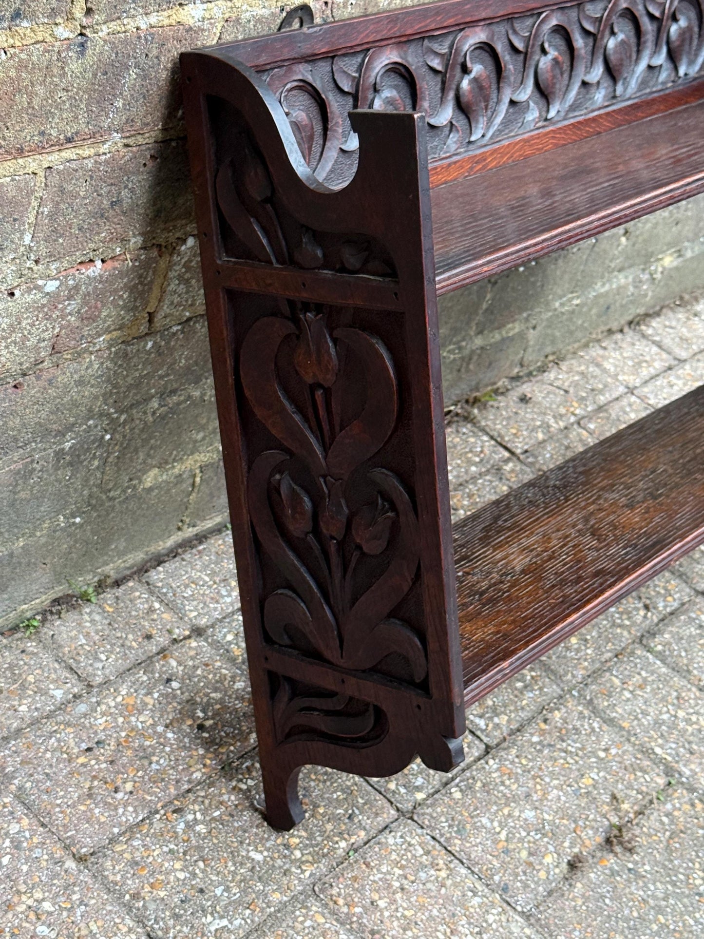 Antique Arts & Crafts Oak Wall Shelf with Hand-Carved Tulip Motif c.1910s English Country House Display Rack, antique wall shelf, oak shelf