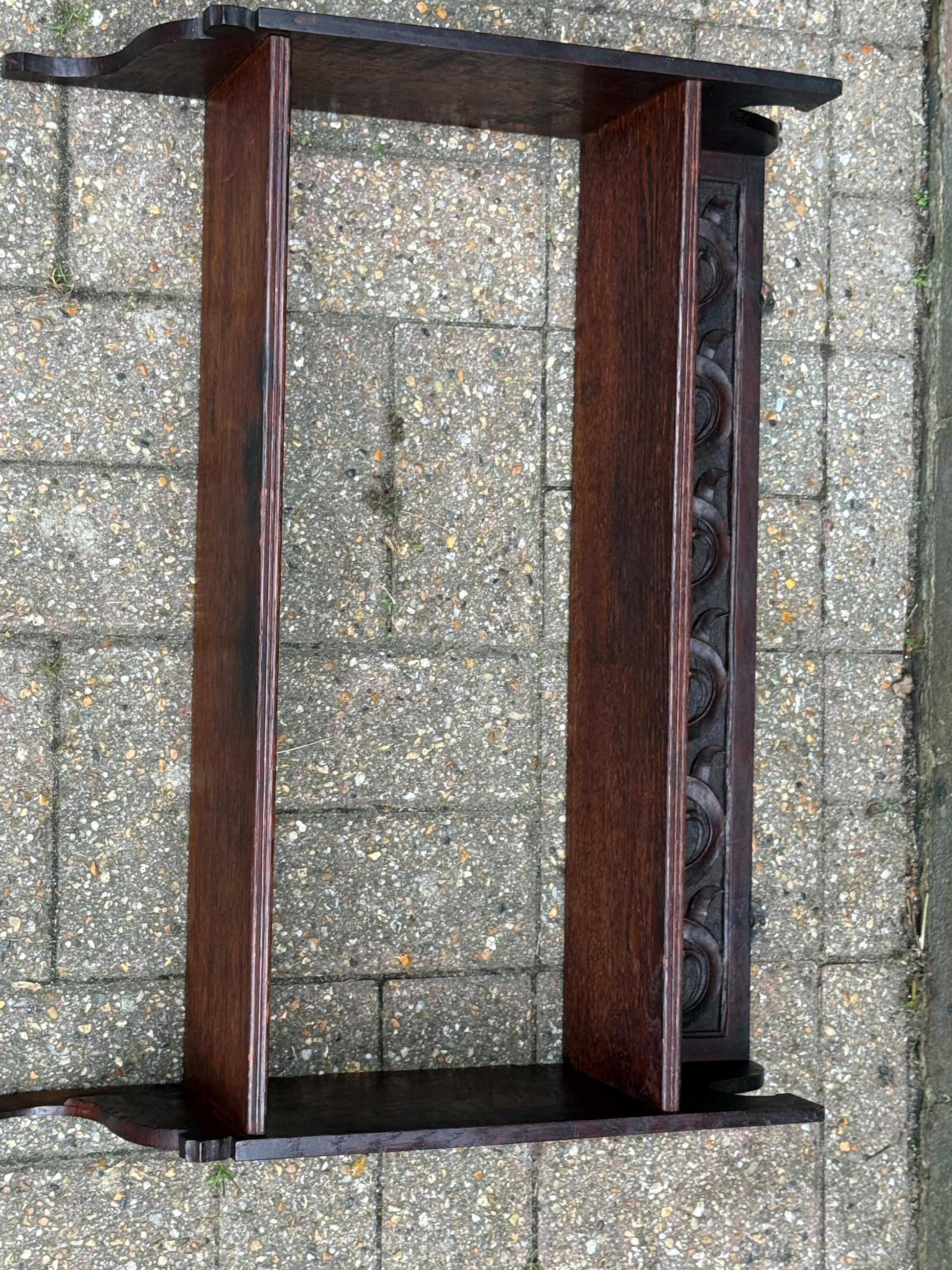 Antique Arts & Crafts Oak Wall Shelf with Hand-Carved Tulip Motif c.1910s English Country House Display Rack, antique wall shelf, oak shelf