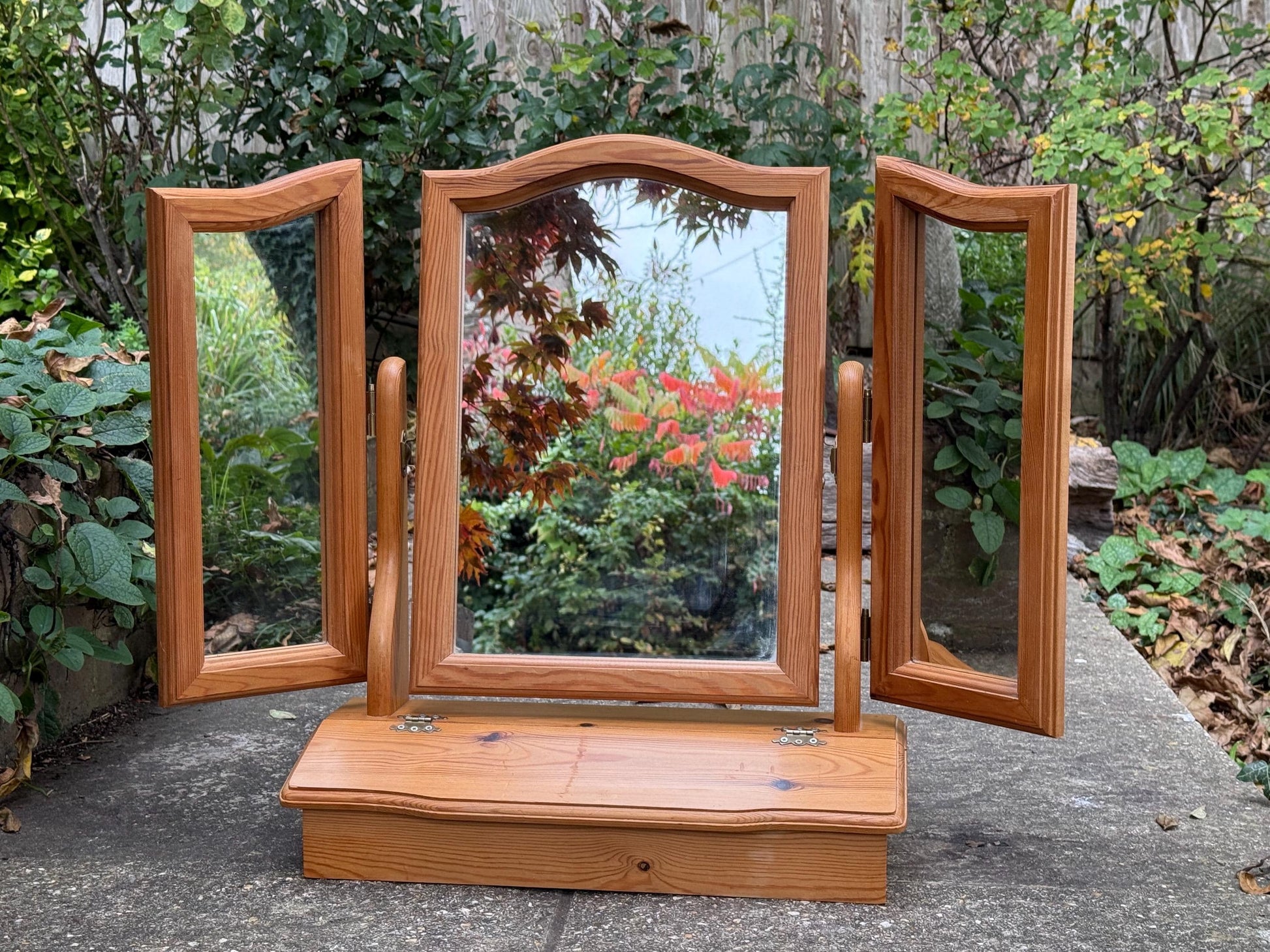 Vintage Pine Triple Vanity Mirror with Drawer – 1980s Country Cottage Dressing Table Mirror, quality vaniuty mirror with drawer