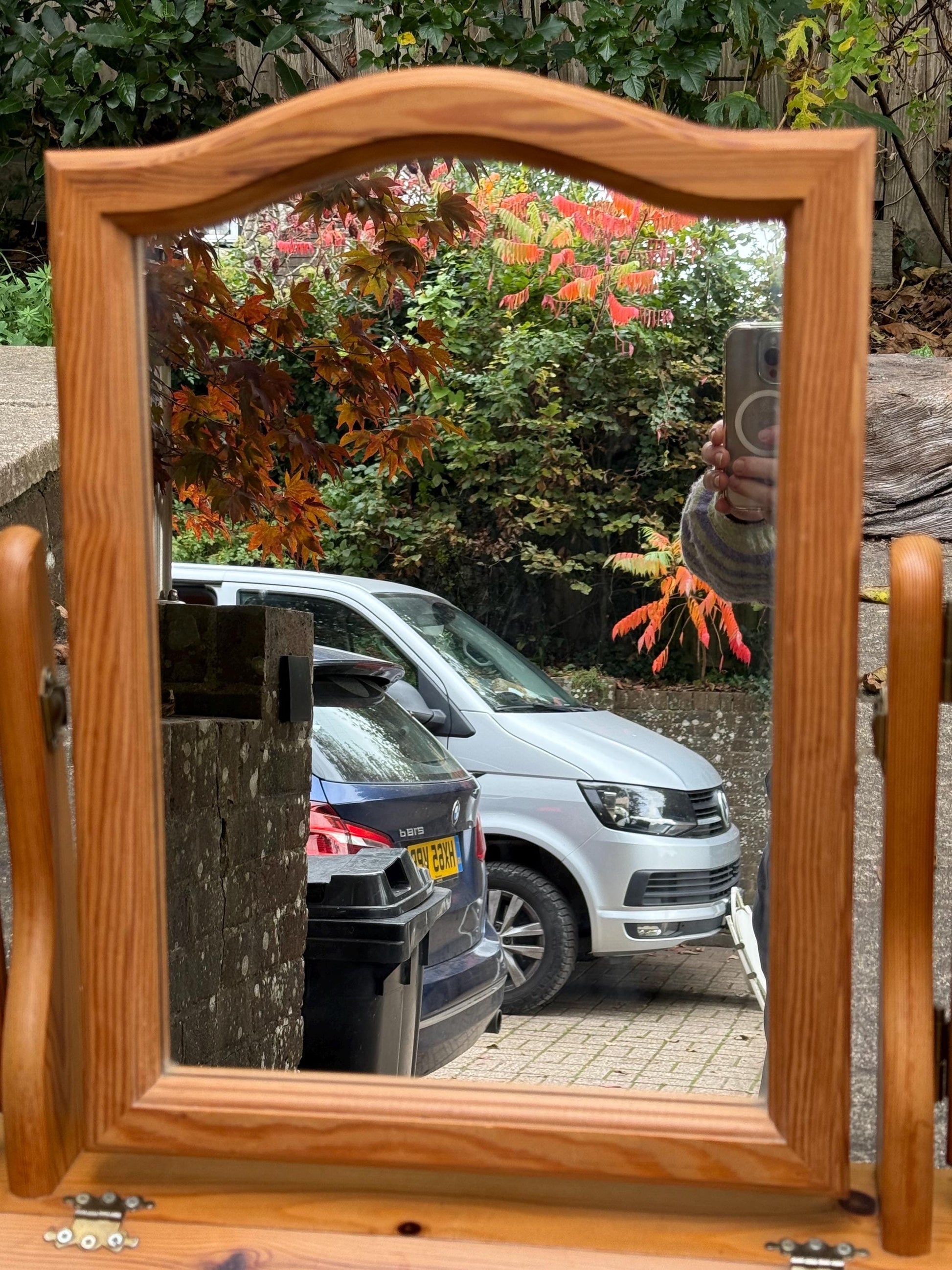 Vintage Pine Triple Vanity Mirror with Drawer – 1980s Country Cottage Dressing Table Mirror, quality vaniuty mirror with drawer