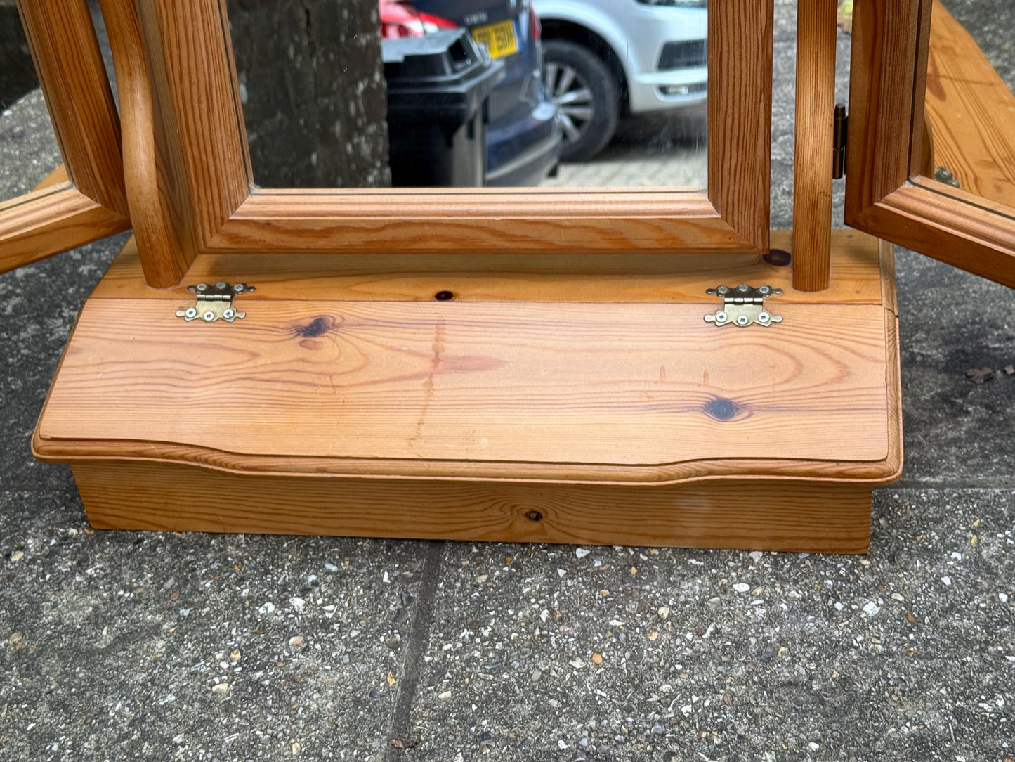 Vintage Pine Triple Vanity Mirror with Drawer – 1980s Country Cottage Dressing Table Mirror, quality vaniuty mirror with drawer