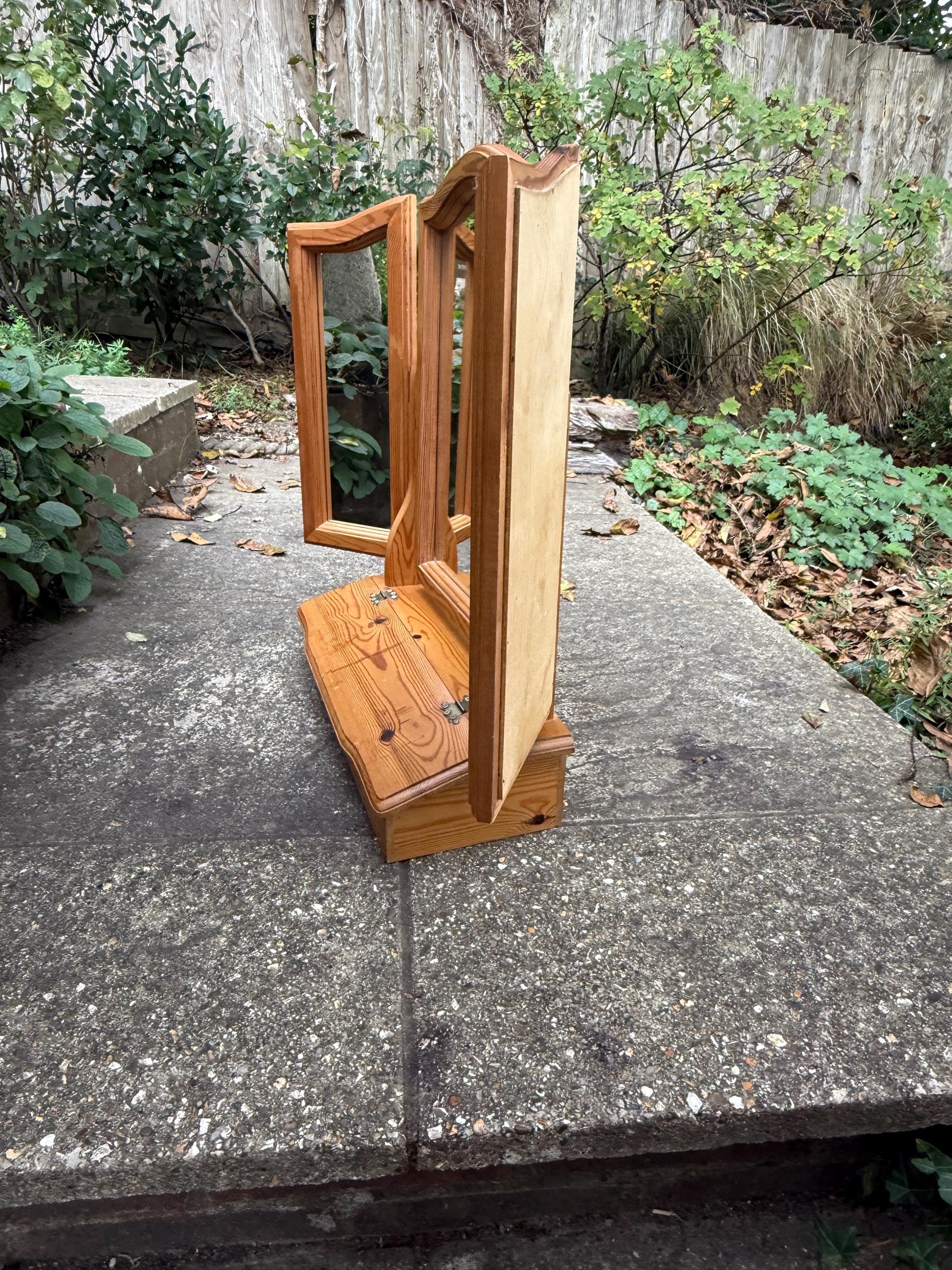 Vintage Pine Triple Vanity Mirror with Drawer – 1980s Country Cottage Dressing Table Mirror, quality vaniuty mirror with drawer