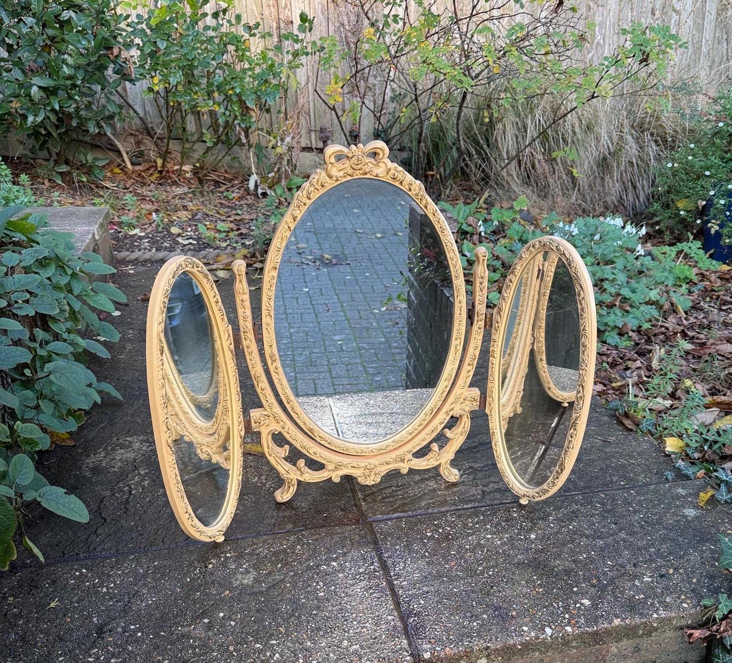 cream coloured dressing table mirror, triple mirror in cream and hold. retro 1970s french style elegant mirror