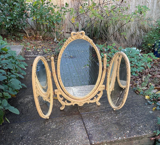 cream coloured dressing table mirror, triple mirror in cream and hold. retro 1970s french style elegant mirror