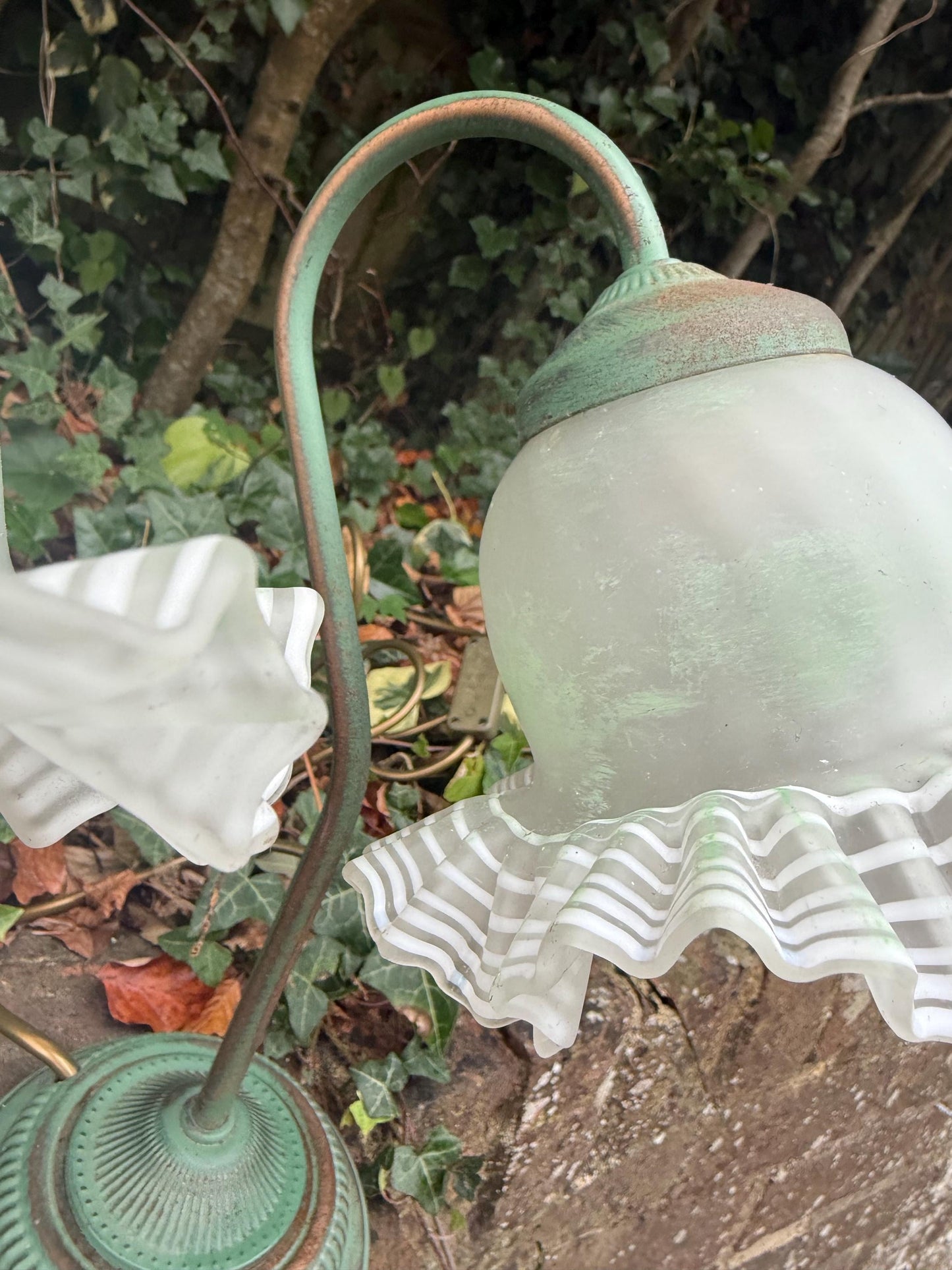 1980s Art Deco Revival Bedside Lights, Pair of Vintage BHS Ruffled Glass Table Lamps – Green Metal Base, Romantic Cottage Country Lighting