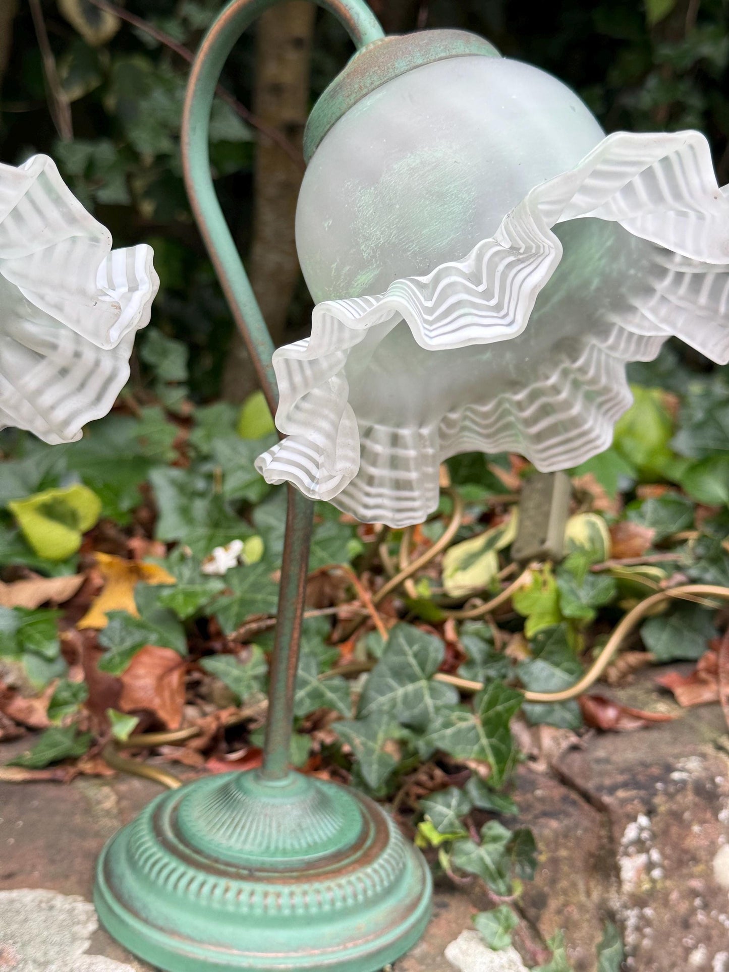 1980s Art Deco Revival Bedside Lights, Pair of Vintage BHS Ruffled Glass Table Lamps – Green Metal Base, Romantic Cottage Country Lighting