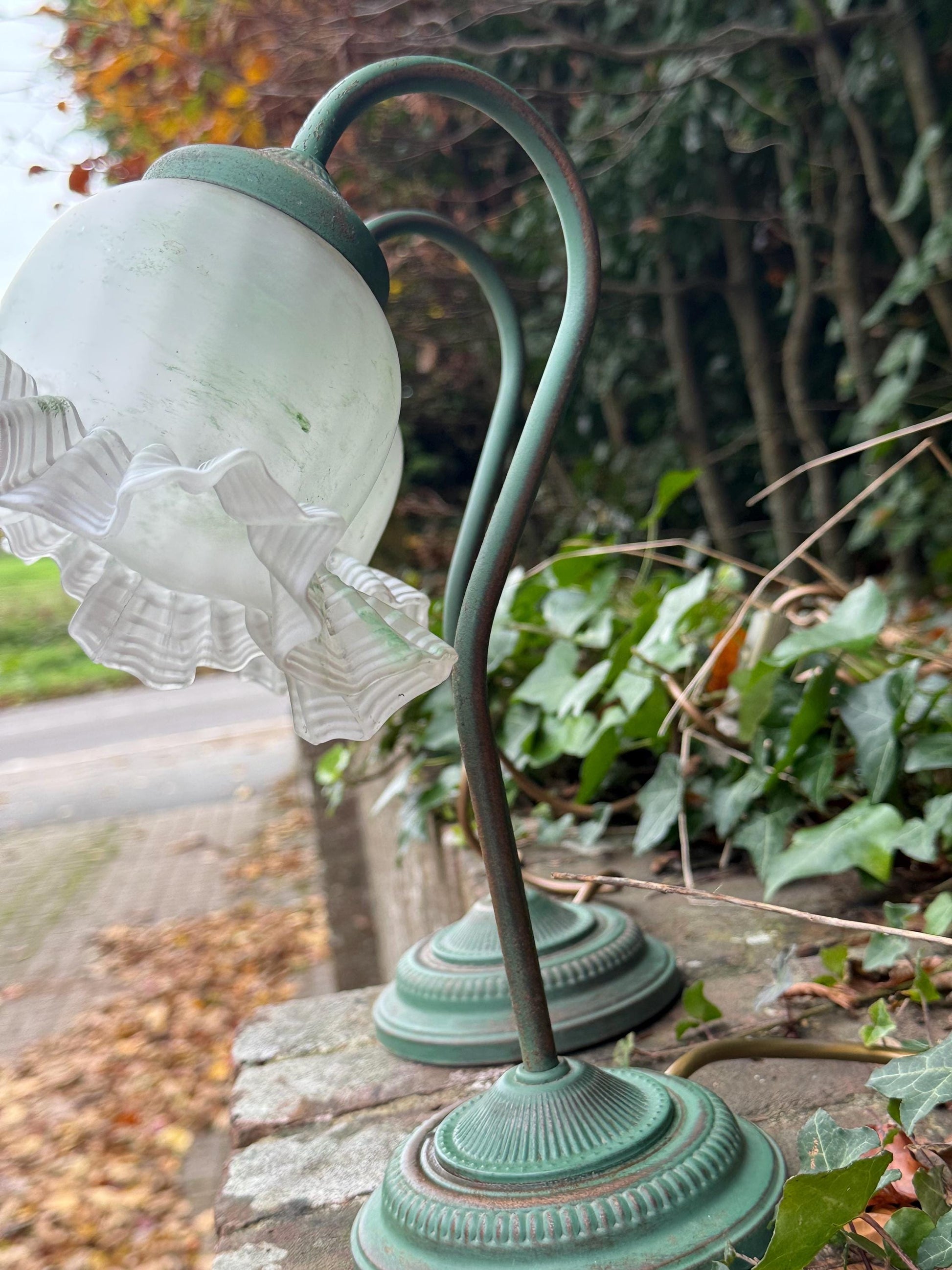 1980s Art Deco Revival Bedside Lights, Pair of Vintage BHS Ruffled Glass Table Lamps – Green Metal Base, Romantic Cottage Country Lighting