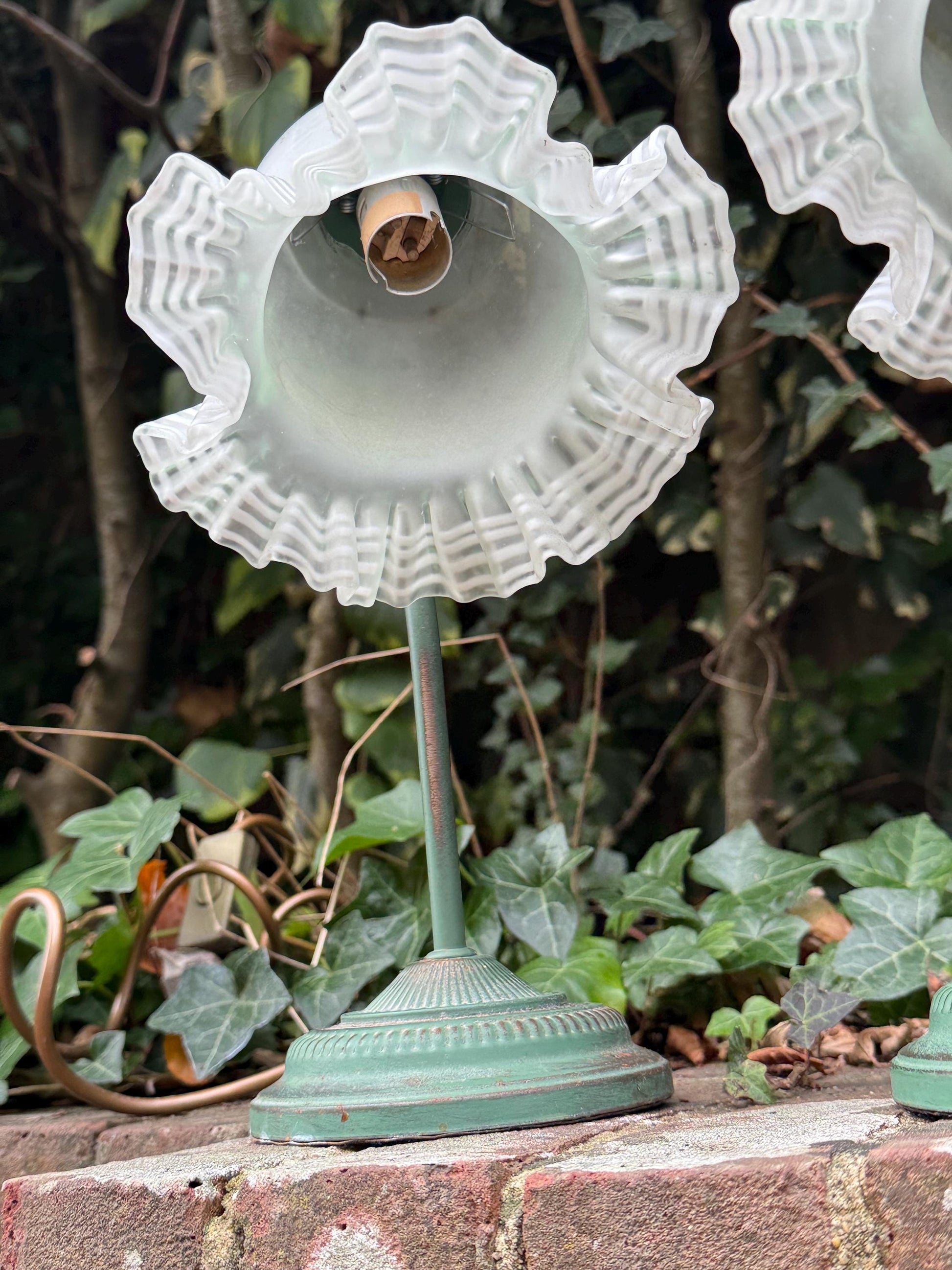 1980s Art Deco Revival Bedside Lights, Pair of Vintage BHS Ruffled Glass Table Lamps – Green Metal Base, Romantic Cottage Country Lighting