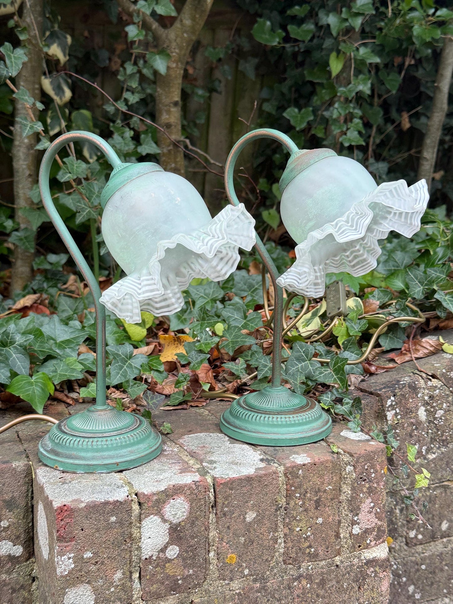 1980s Art Deco Revival Bedside Lights, Pair of Vintage BHS Ruffled Glass Table Lamps – Green Metal Base, Romantic Cottage Country Lighting