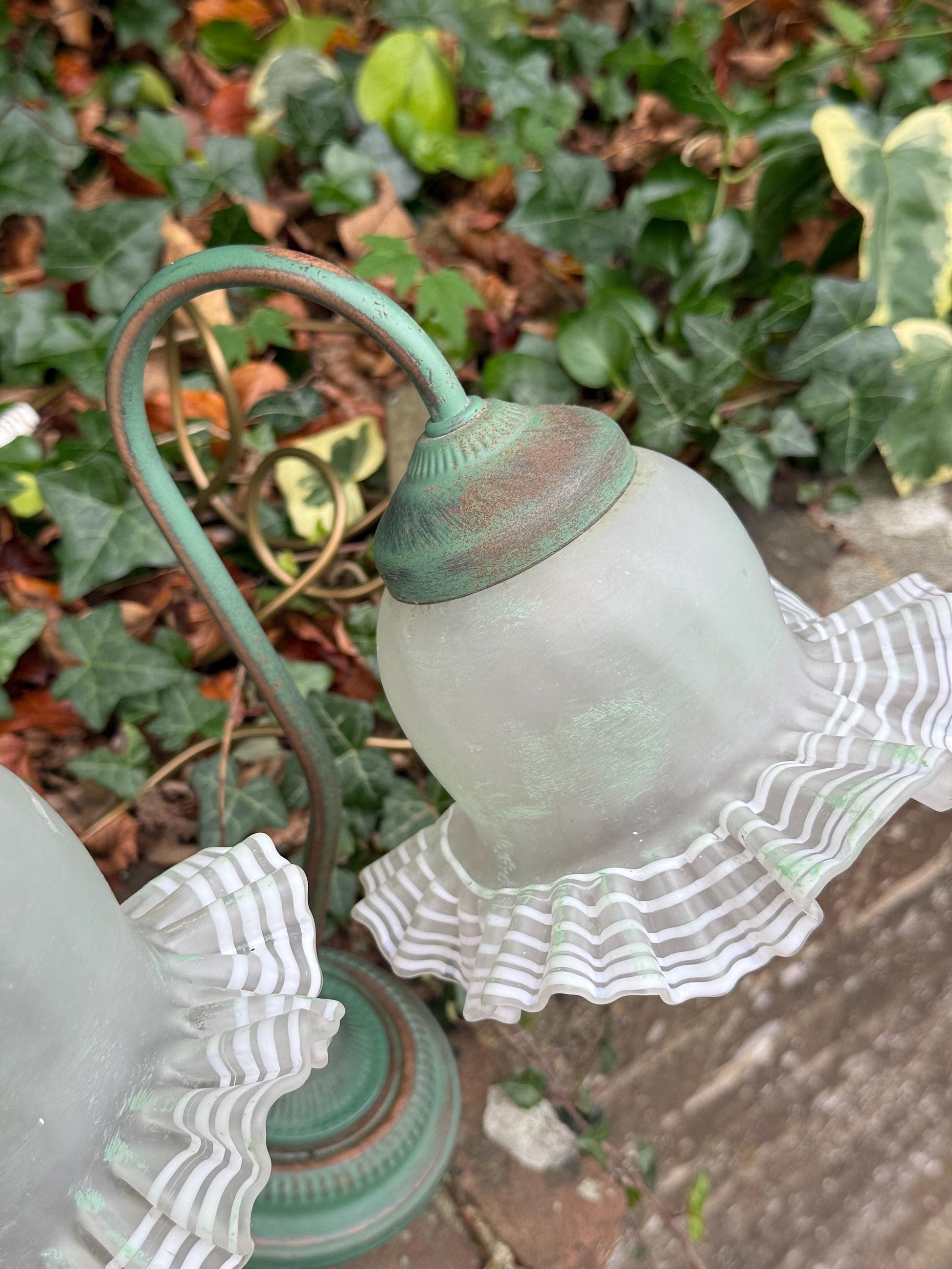 1980s Art Deco Revival Bedside Lights, Pair of Vintage BHS Ruffled Glass Table Lamps – Green Metal Base, Romantic Cottage Country Lighting