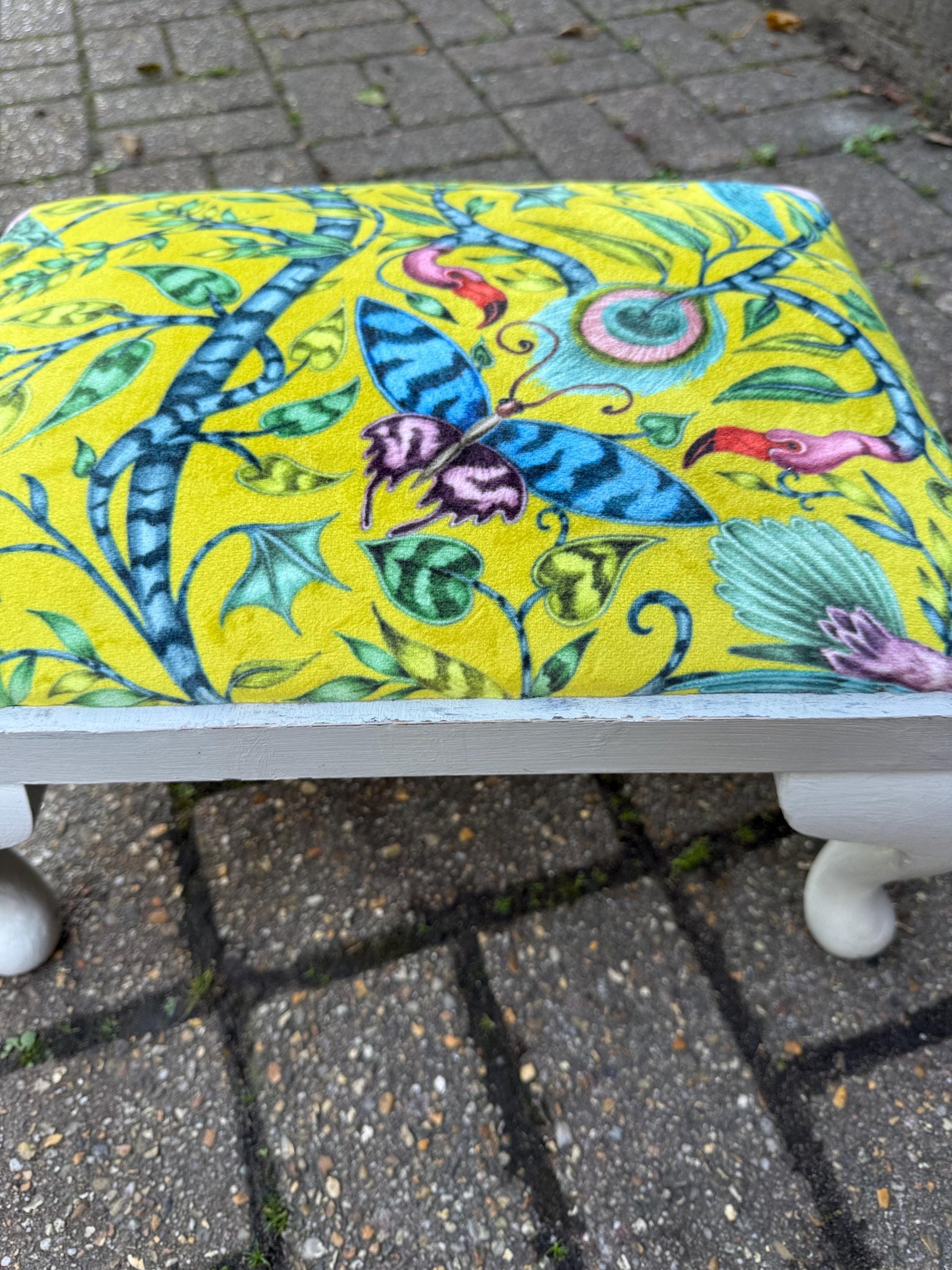 Vintage Reupholstered Footstool with William Morris Style Fabric – Yellow Green Botanical Print Ottoman / Painted Cabriole Leg Stool