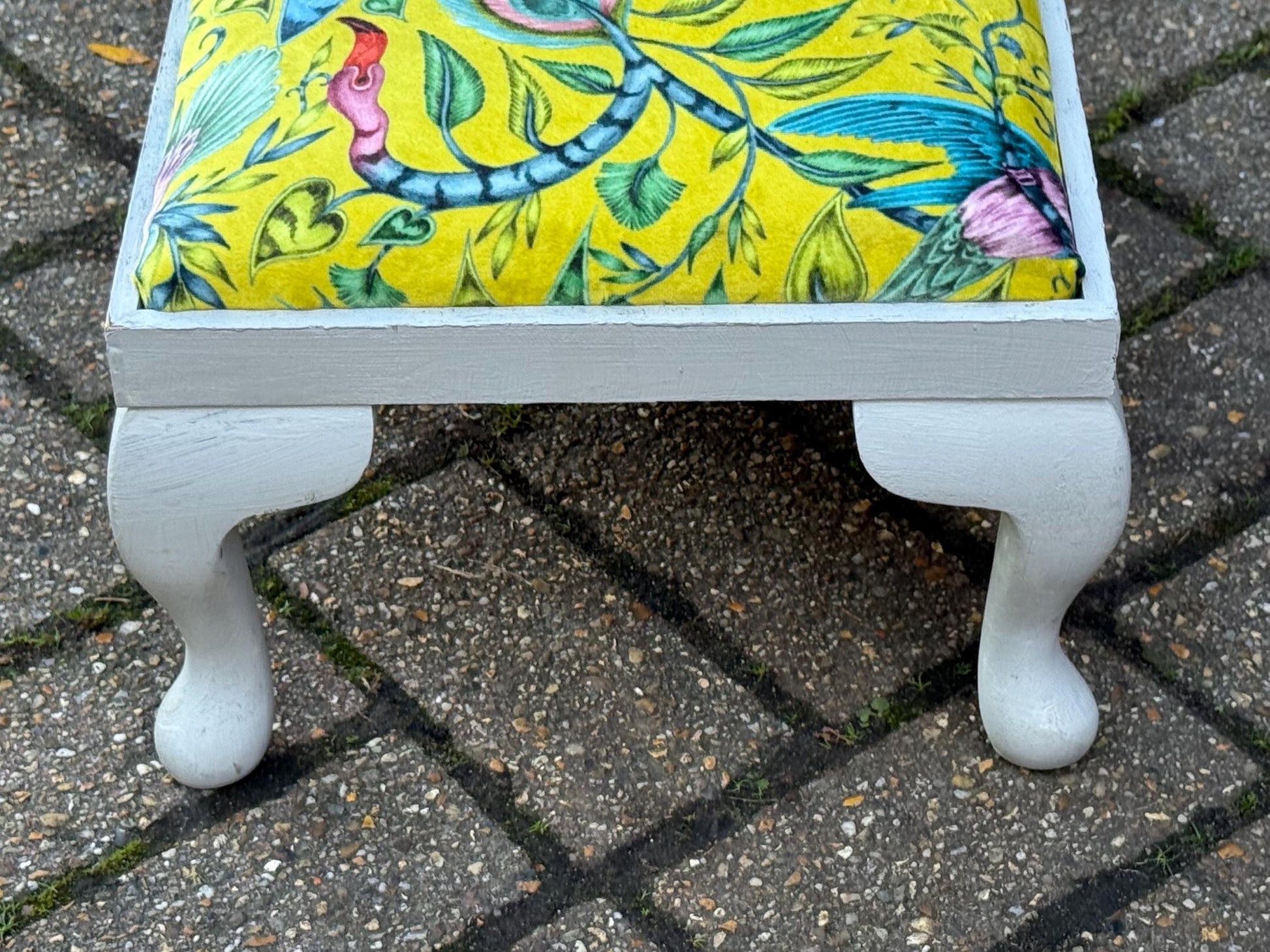 Vintage Reupholstered Footstool with William Morris Style Fabric – Yellow Green Botanical Print Ottoman / Painted Cabriole Leg Stool