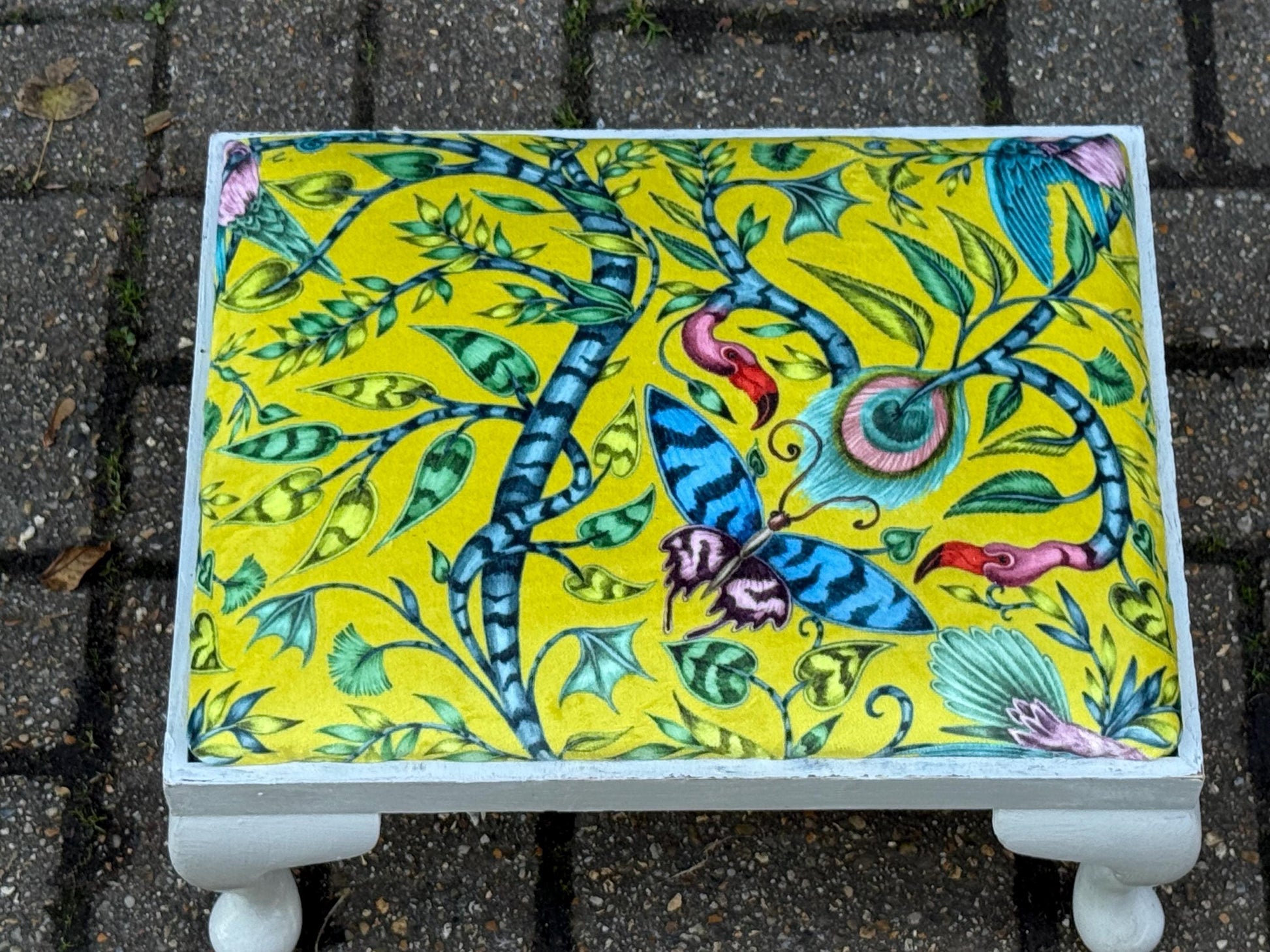 Vintage Reupholstered Footstool with William Morris Style Fabric – Yellow Green Botanical Print Ottoman / Painted Cabriole Leg Stool