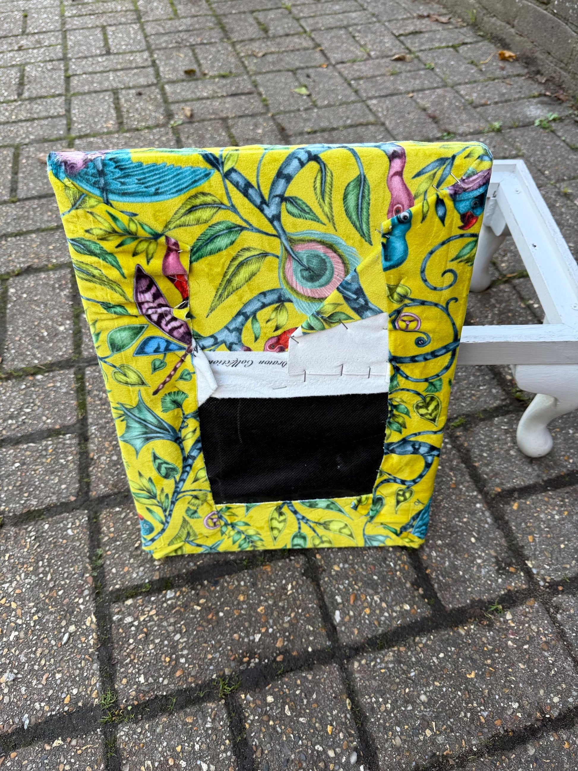 Vintage Reupholstered Footstool with William Morris Style Fabric – Yellow Green Botanical Print Ottoman / Painted Cabriole Leg Stool