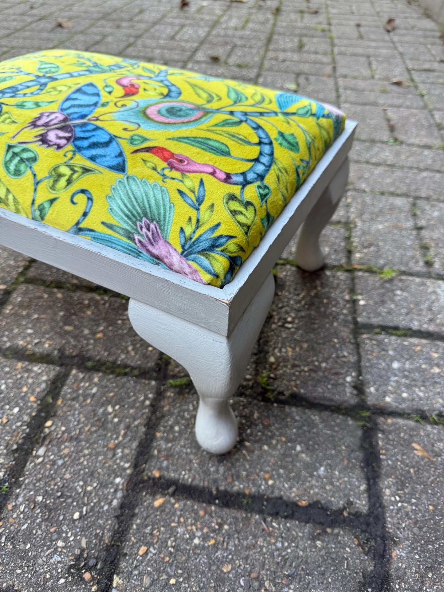 Vintage Reupholstered Footstool with William Morris Style Fabric – Yellow Green Botanical Print Ottoman / Painted Cabriole Leg Stool