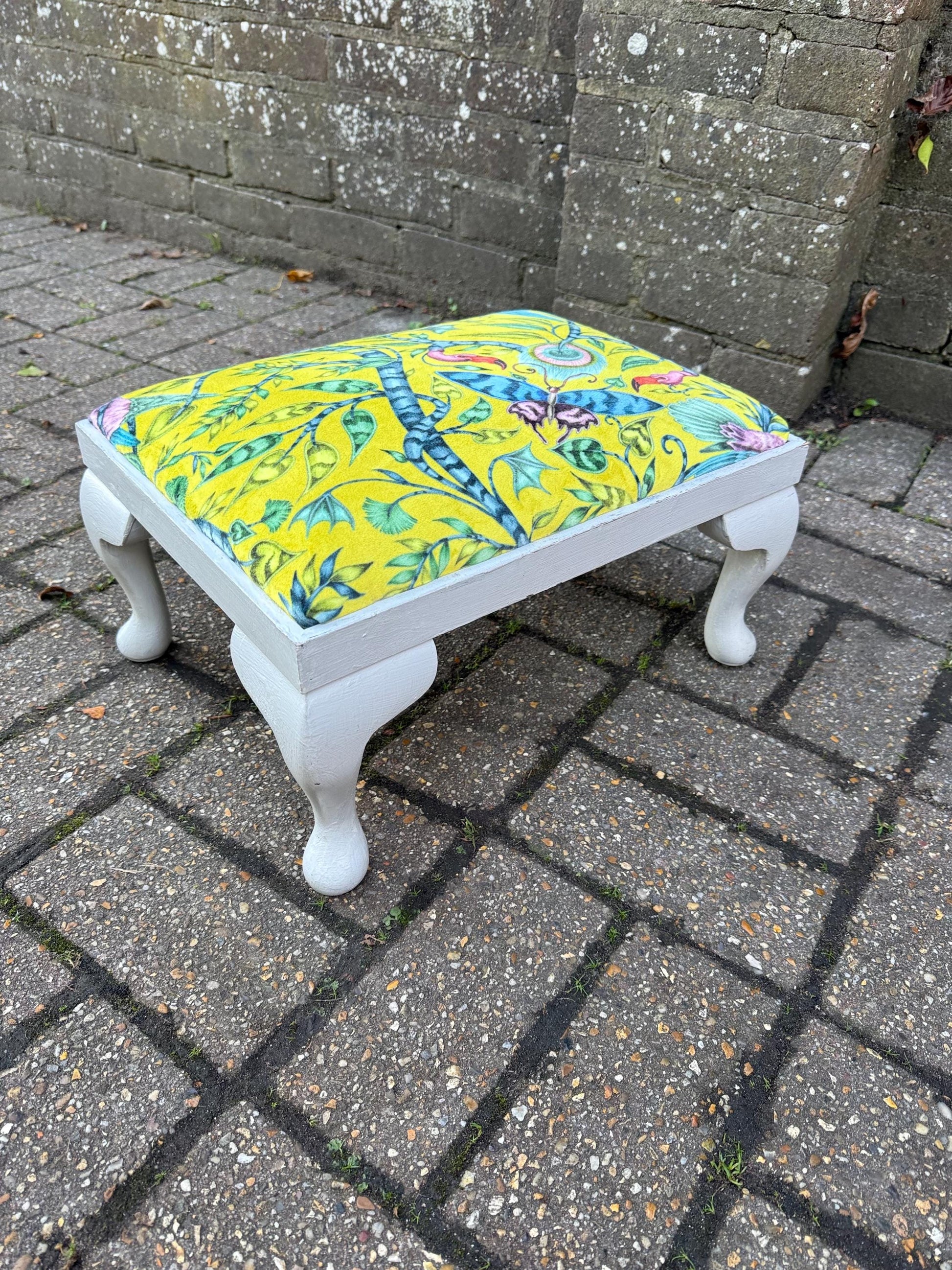 Vintage Reupholstered Footstool with William Morris Style Fabric – Yellow Green Botanical Print Ottoman / Painted Cabriole Leg Stool