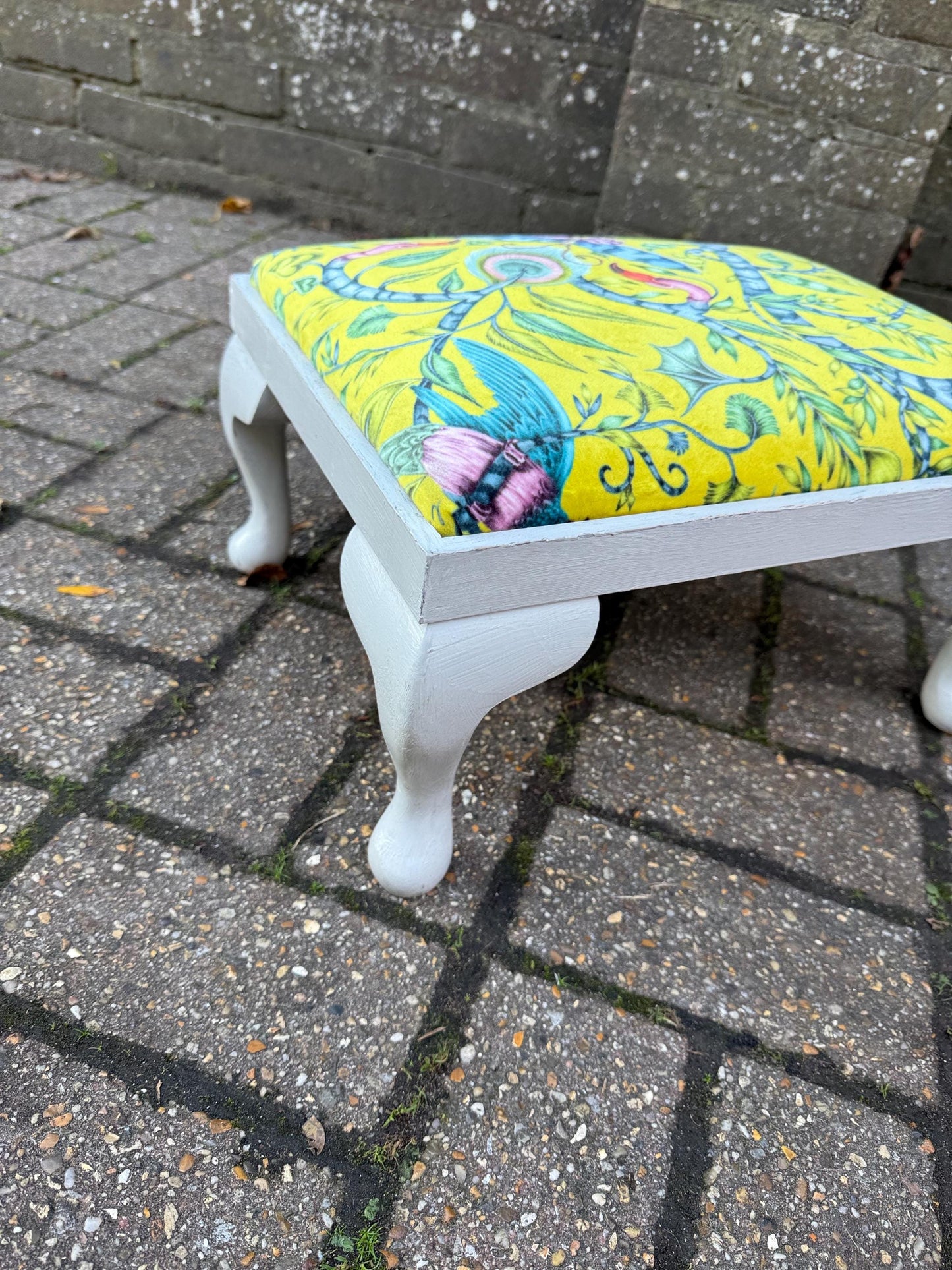 Vintage Reupholstered Footstool with William Morris Style Fabric – Yellow Green Botanical Print Ottoman / Painted Cabriole Leg Stool