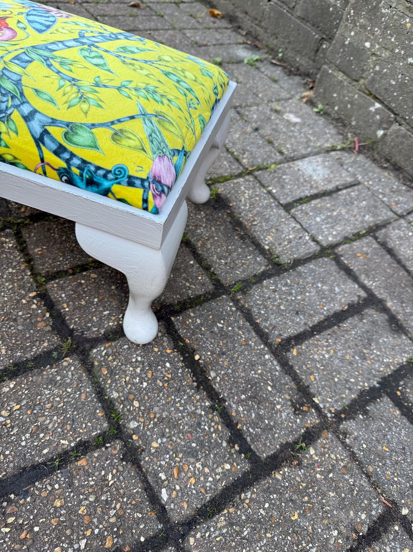 Vintage Reupholstered Footstool with William Morris Style Fabric – Yellow Green Botanical Print Ottoman / Painted Cabriole Leg Stool