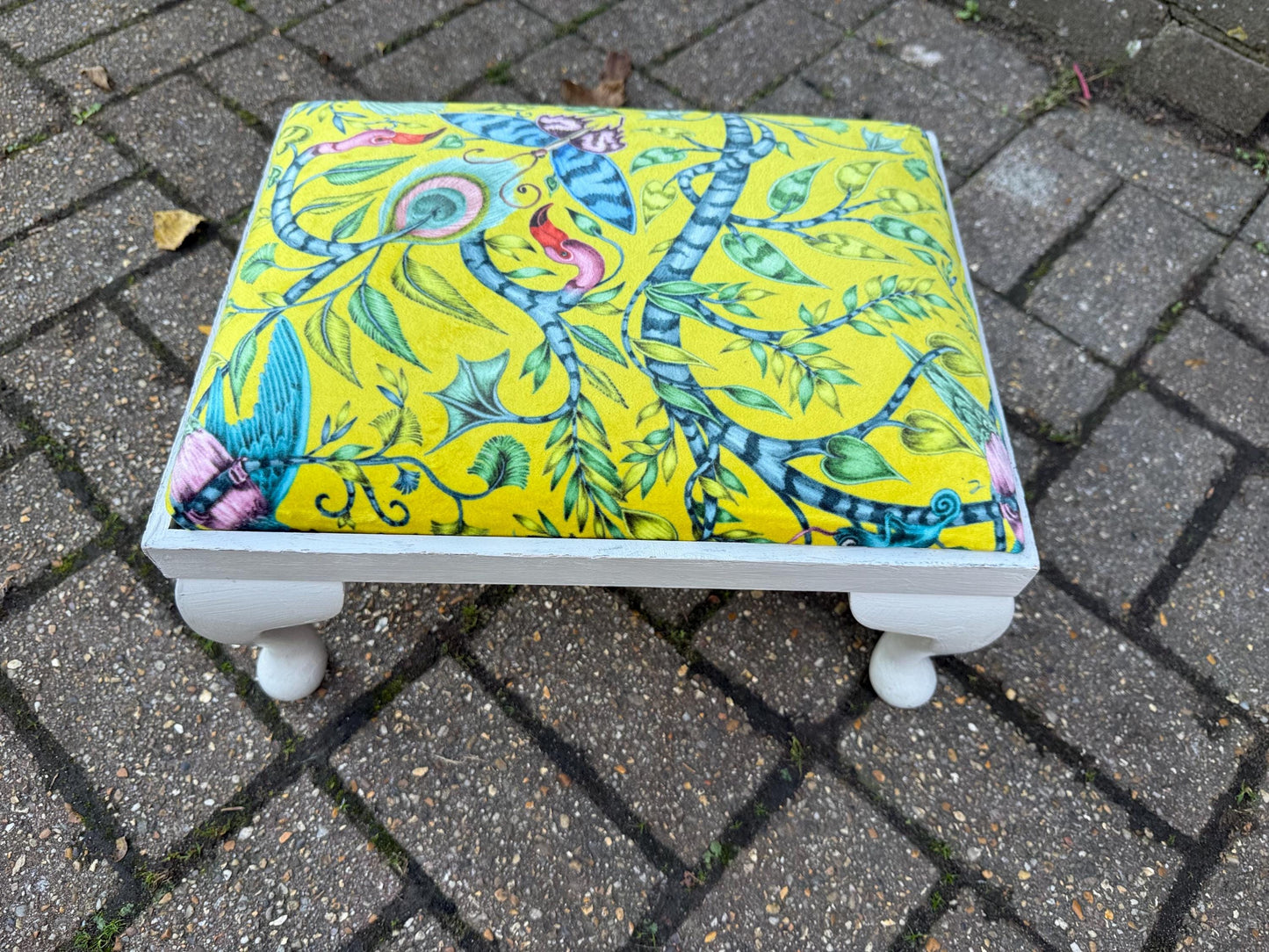 Vintage Reupholstered Footstool with William Morris Style Fabric – Yellow Green Botanical Print Ottoman / Painted Cabriole Leg Stool