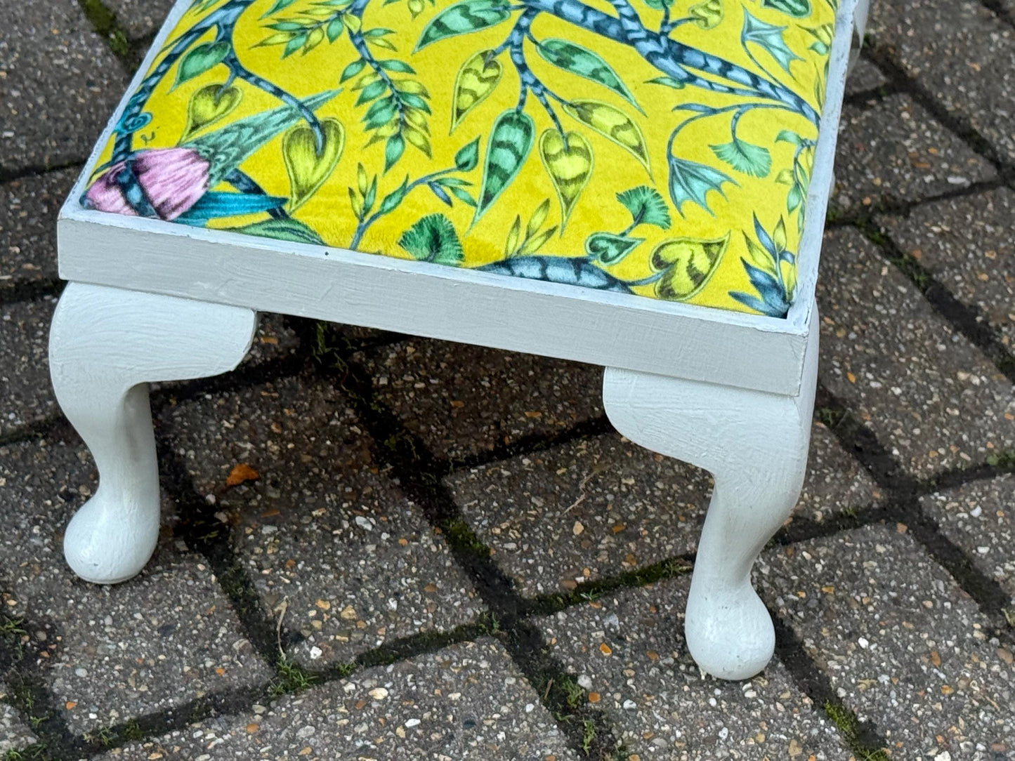 Vintage Reupholstered Footstool with William Morris Style Fabric – Yellow Green Botanical Print Ottoman / Painted Cabriole Leg Stool