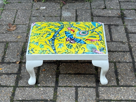 Vintage Reupholstered Footstool with William Morris Style Fabric – Yellow Green Botanical Print Ottoman / Painted Cabriole Leg Stool