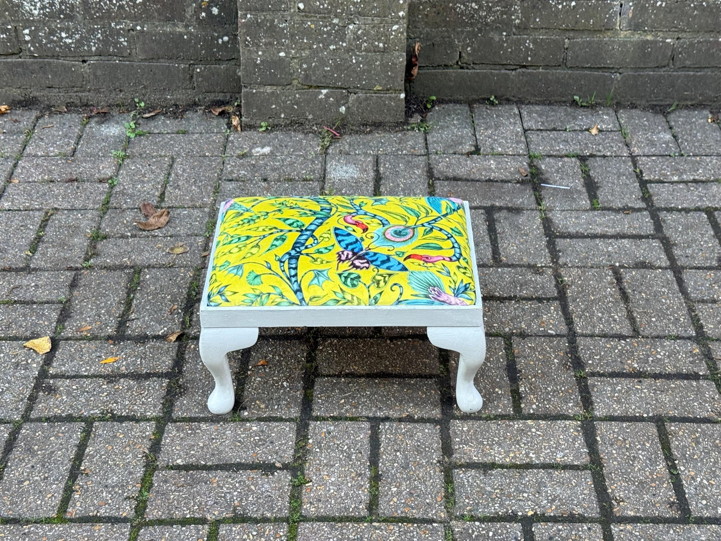 Vintage Reupholstered Footstool with William Morris Style Fabric – Yellow Green Botanical Print Ottoman / Painted Cabriole Leg Stool