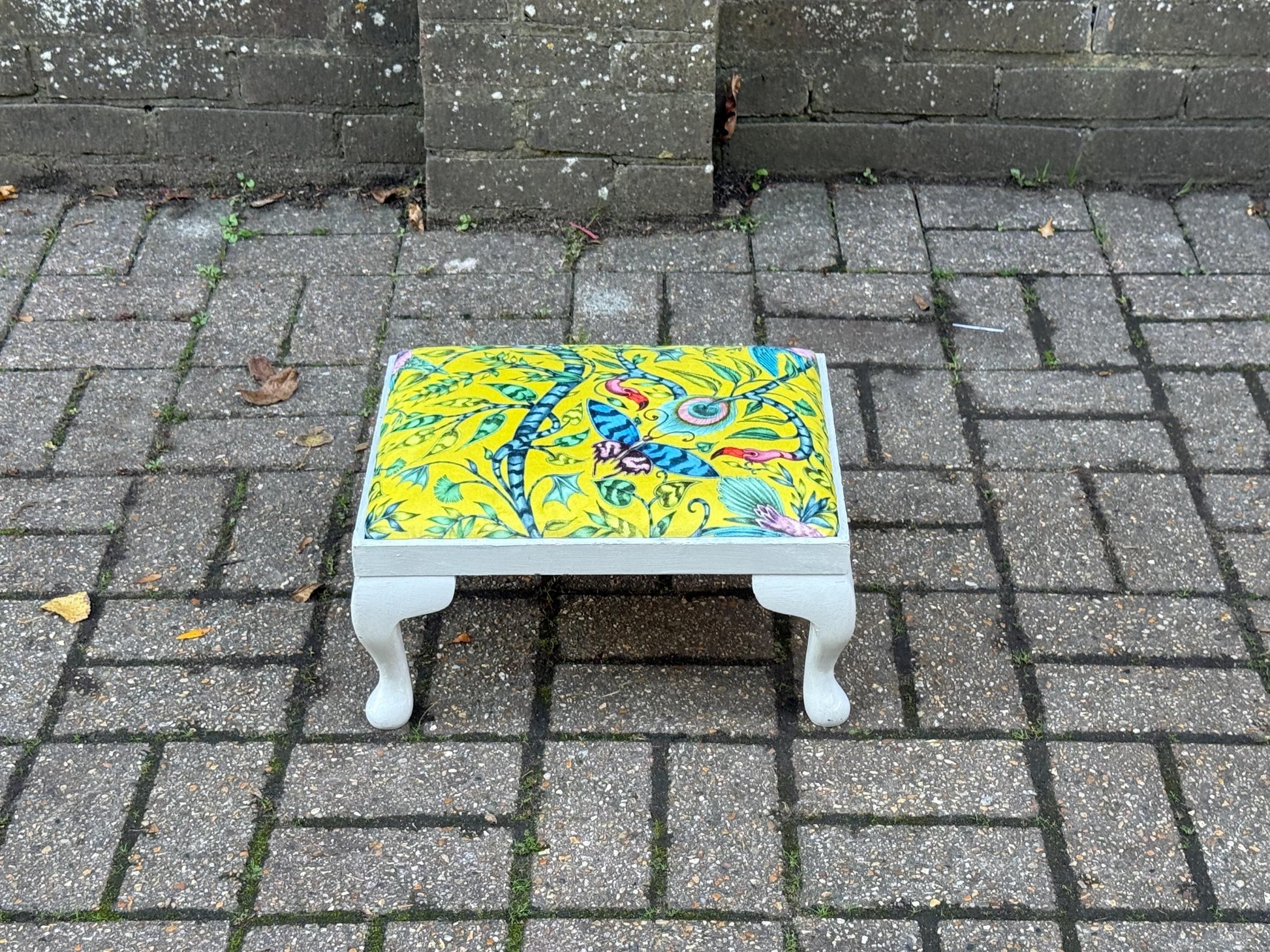 Vintage Reupholstered Footstool with William Morris Style Fabric – Yellow Green Botanical Print Ottoman / Painted Cabriole Leg Stool