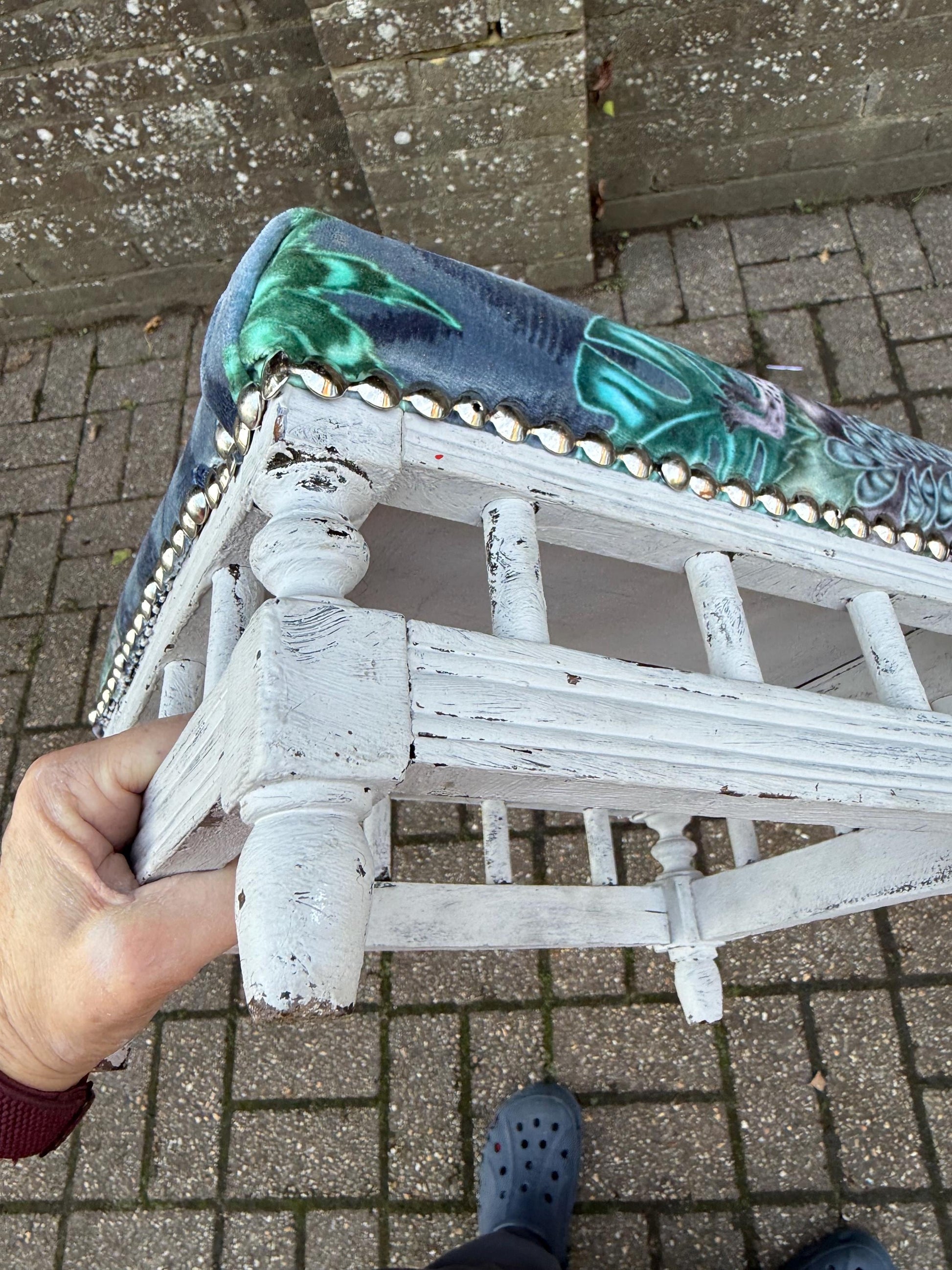 Vintage Reupholstered Stool with Botanical Animal Print Fabric – Distressed Painted Wooden Frame / Eclectic Footstool or Accent Seat, Lemurs