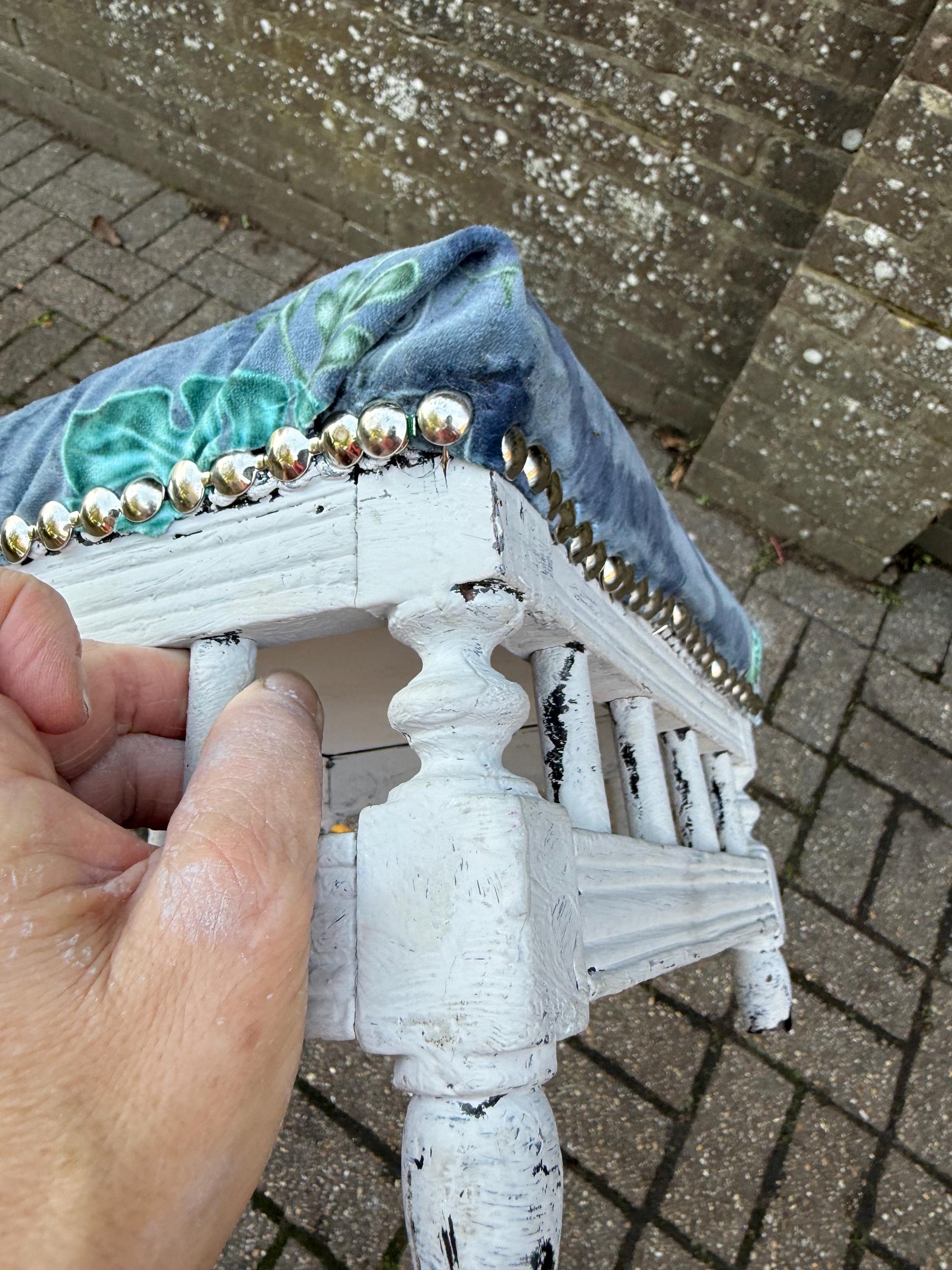 Vintage Reupholstered Stool with Botanical Animal Print Fabric – Distressed Painted Wooden Frame / Eclectic Footstool or Accent Seat, Lemurs