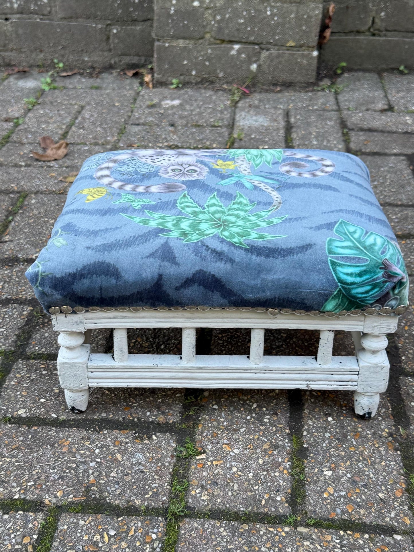Vintage Reupholstered Stool with Botanical Animal Print Fabric – Distressed Painted Wooden Frame / Eclectic Footstool or Accent Seat, Lemurs