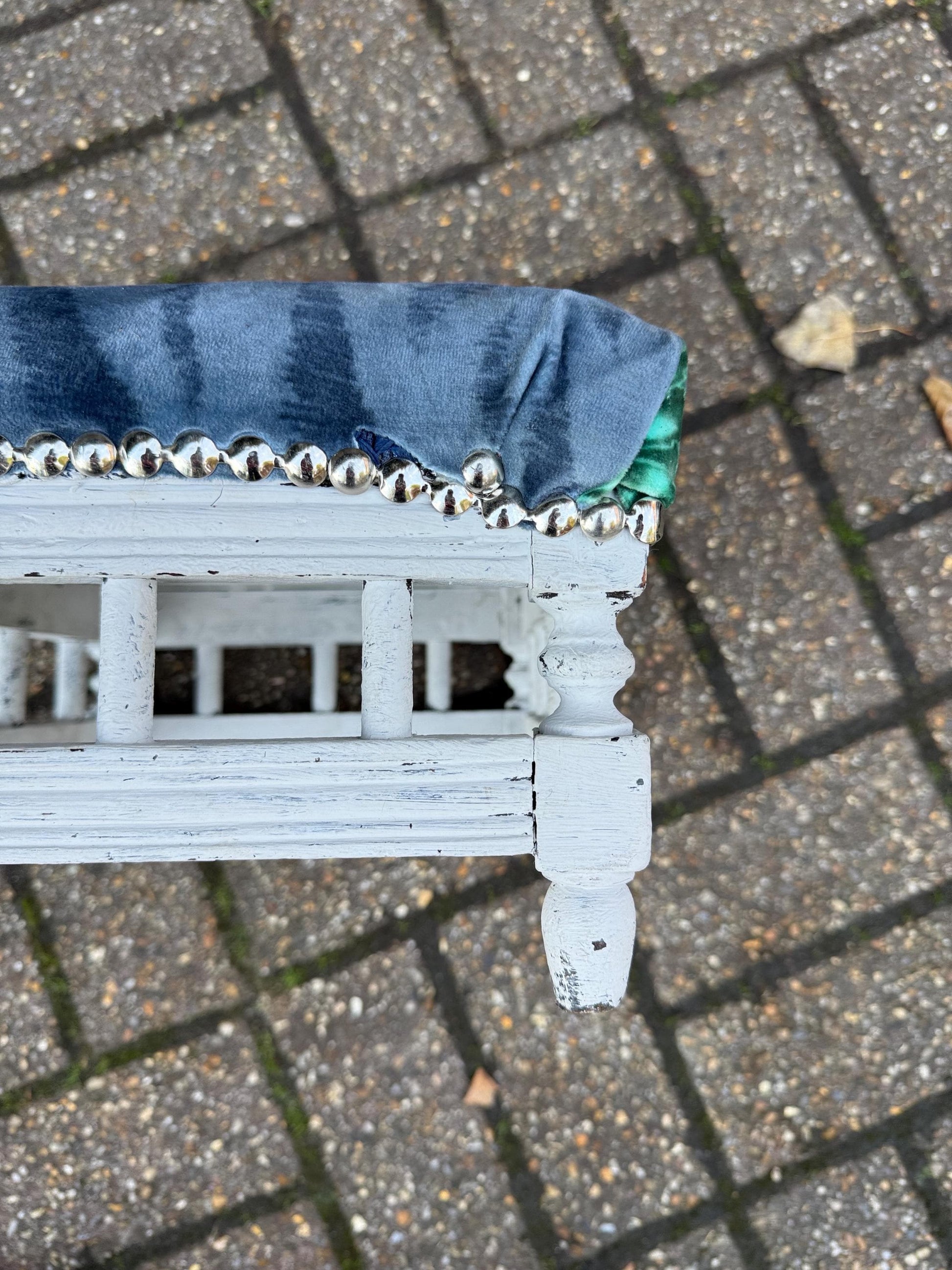 Vintage Reupholstered Stool with Botanical Animal Print Fabric – Distressed Painted Wooden Frame / Eclectic Footstool or Accent Seat, Lemurs