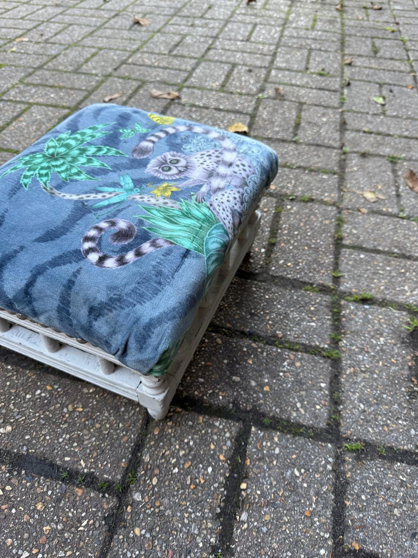 Vintage Reupholstered Stool with Botanical Animal Print Fabric – Distressed Painted Wooden Frame / Eclectic Footstool or Accent Seat, Lemurs