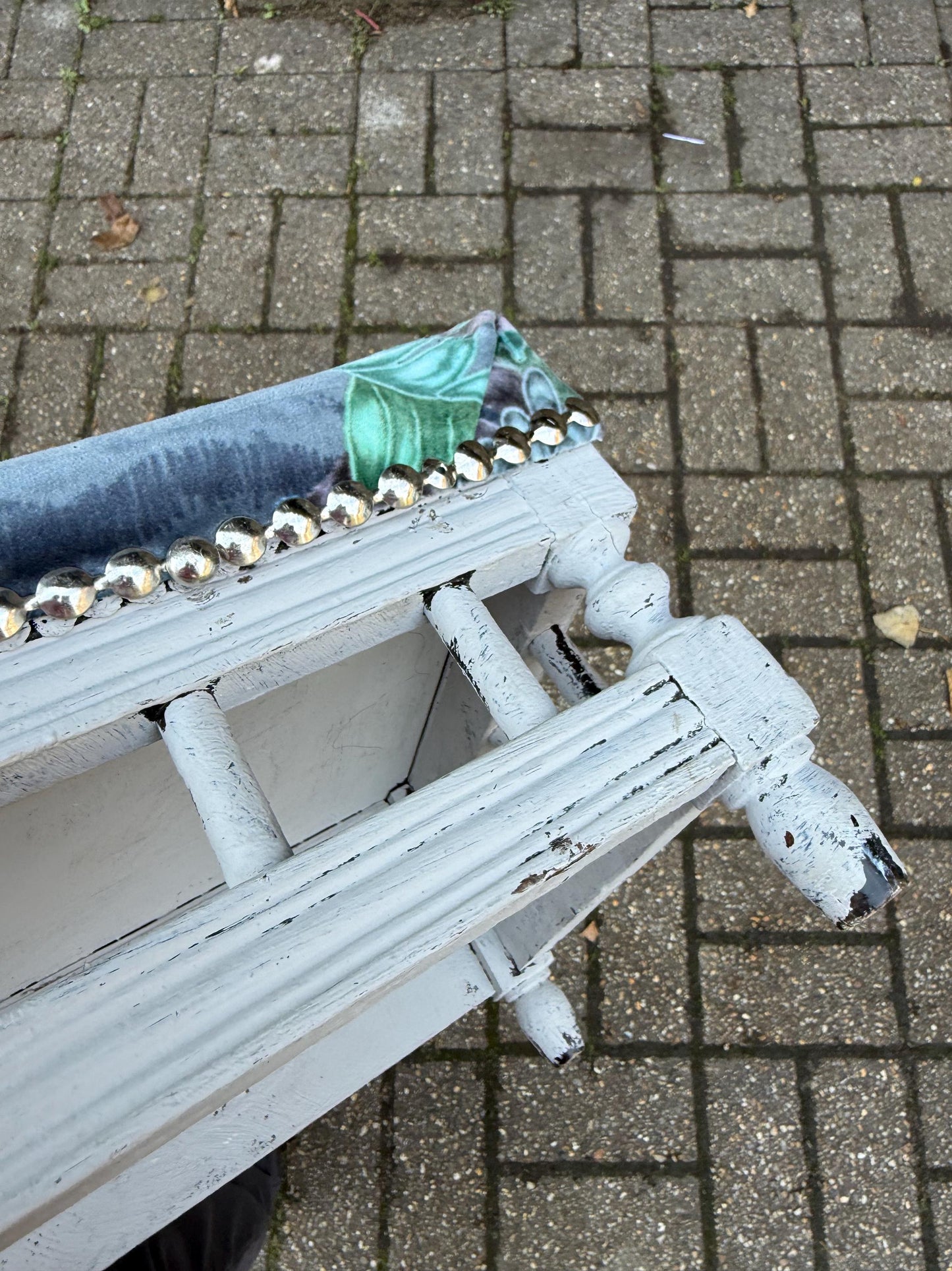 Vintage Reupholstered Stool with Botanical Animal Print Fabric – Distressed Painted Wooden Frame / Eclectic Footstool or Accent Seat, Lemurs