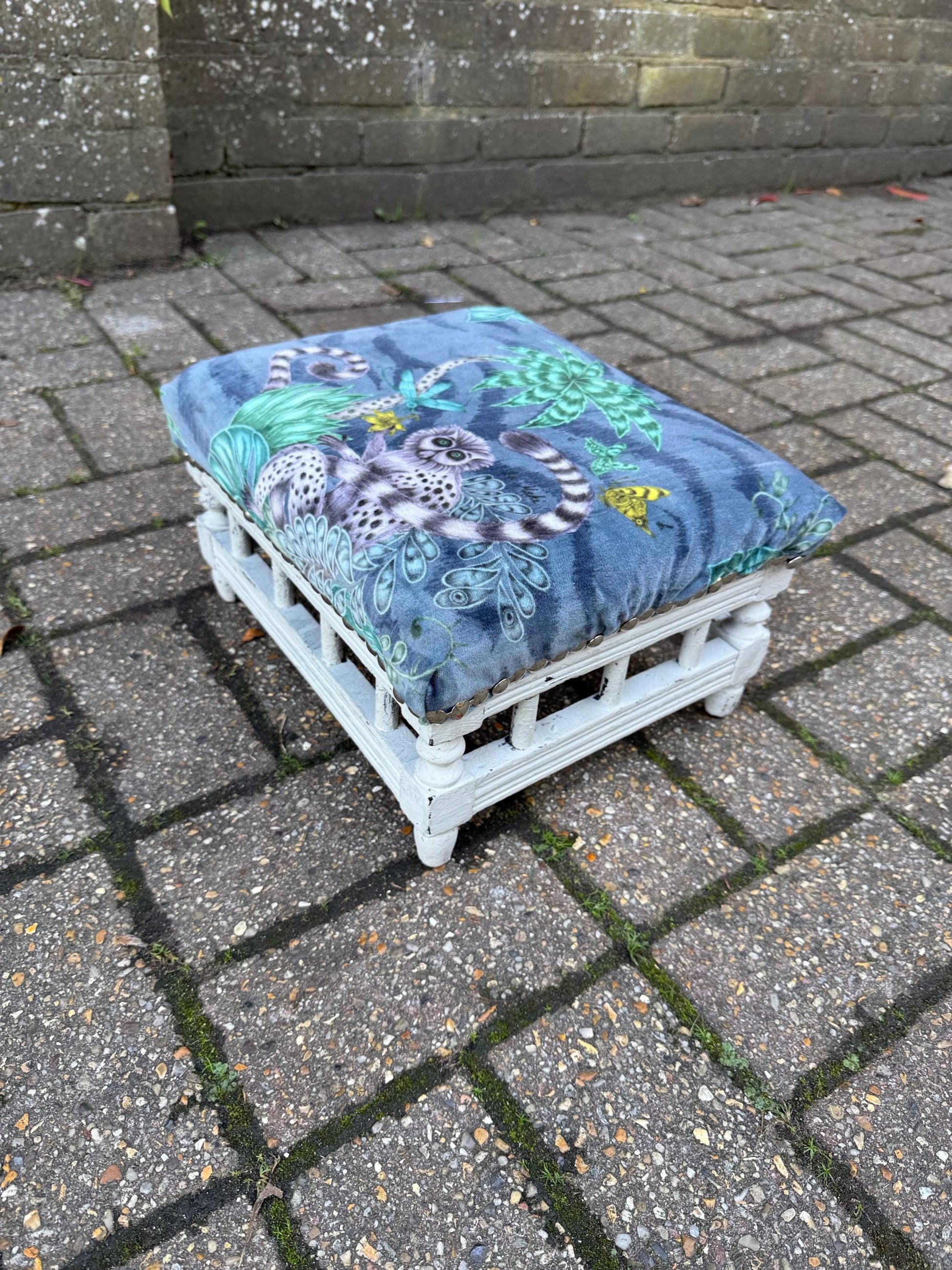 Vintage Reupholstered Stool with Botanical Animal Print Fabric – Distressed Painted Wooden Frame / Eclectic Footstool or Accent Seat, Lemurs