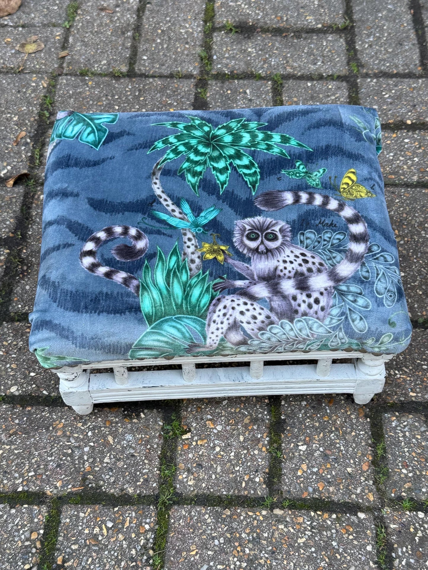 Vintage Reupholstered Stool with Botanical Animal Print Fabric – Distressed Painted Wooden Frame / Eclectic Footstool or Accent Seat, Lemurs