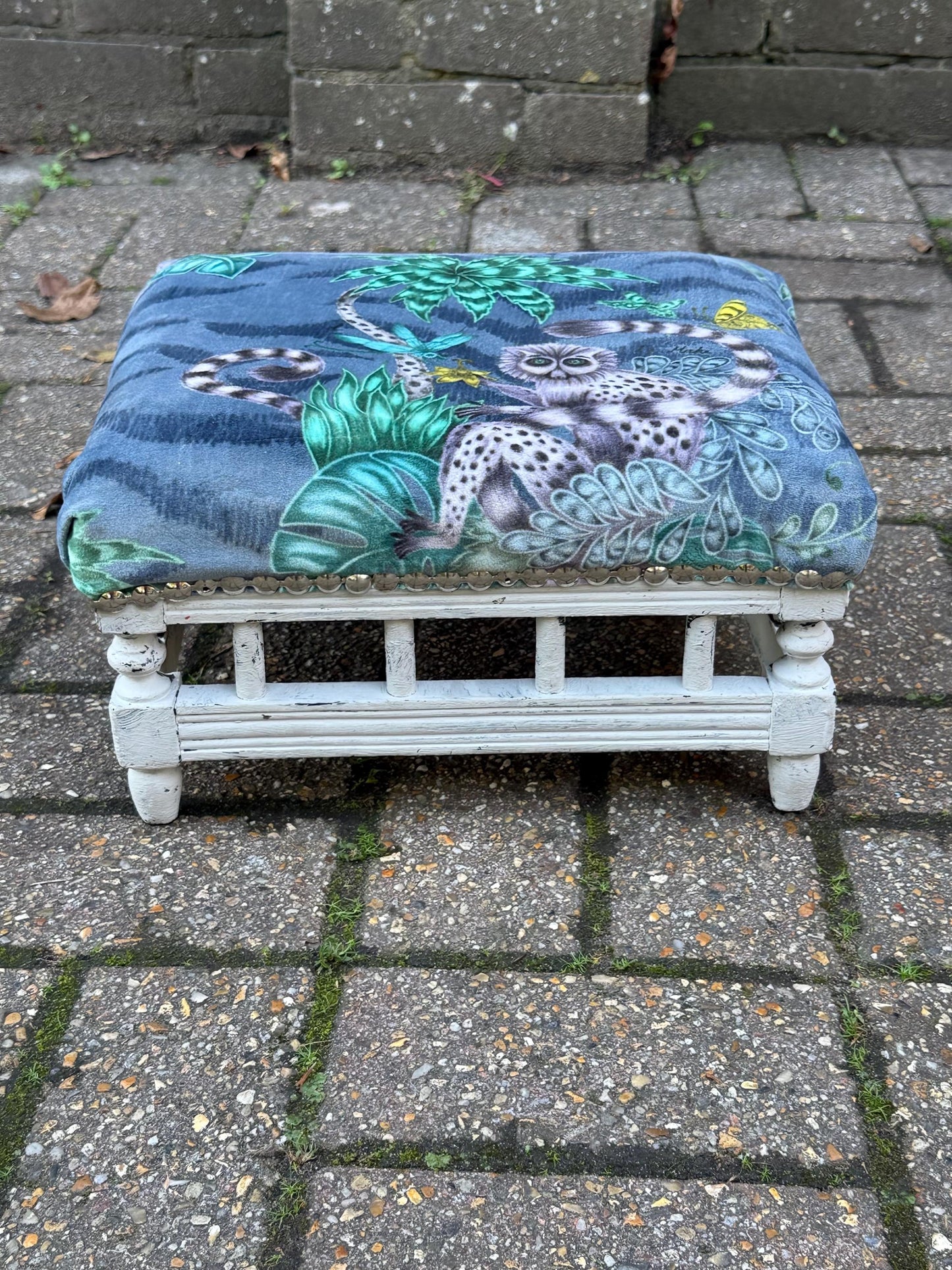 Vintage Reupholstered Stool with Botanical Animal Print Fabric – Distressed Painted Wooden Frame / Eclectic Footstool or Accent Seat, Lemurs