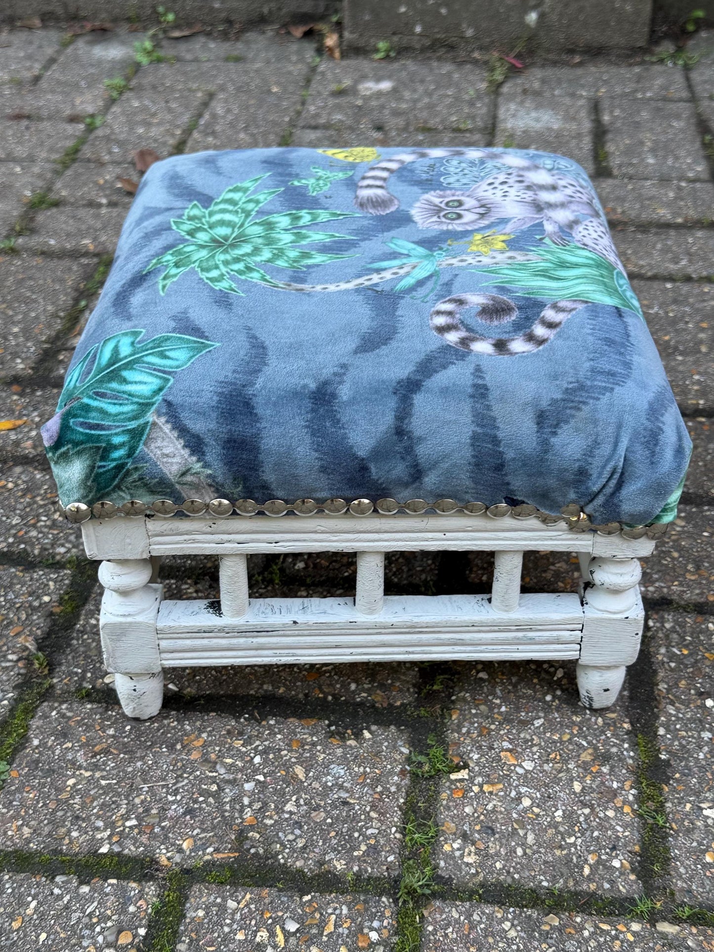 Vintage Reupholstered Stool with Botanical Animal Print Fabric – Distressed Painted Wooden Frame / Eclectic Footstool or Accent Seat, Lemurs
