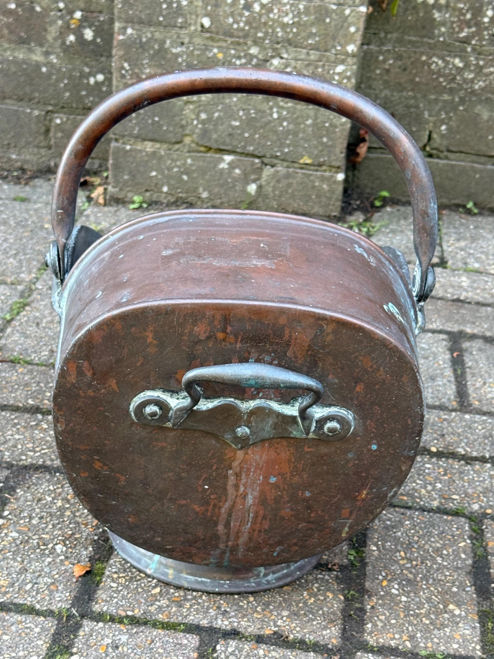 Antique Edwardian Copper Coal Scuttle with Brass Handles – Early 1900s English Fireside Bucket / Vintage Patinated Copper Planter